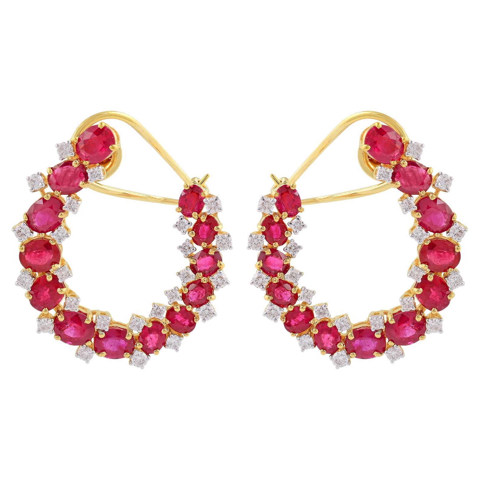 Oval Ruby Gemstone Hoop Earrings SI Clarity HI Color Diamond 14k Yellow Gold