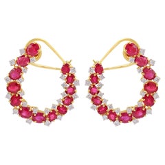 Oval Ruby Gemstone Hoop Earrings SI Clarity HI Color Diamond 14k Yellow Gold