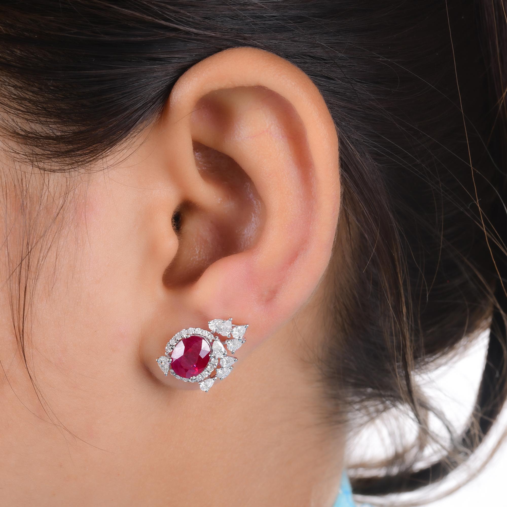 Modern Oval Ruby Gemstone Stud Earrings Diamond 14 Karat White Gold Handmade Jewelry For Sale