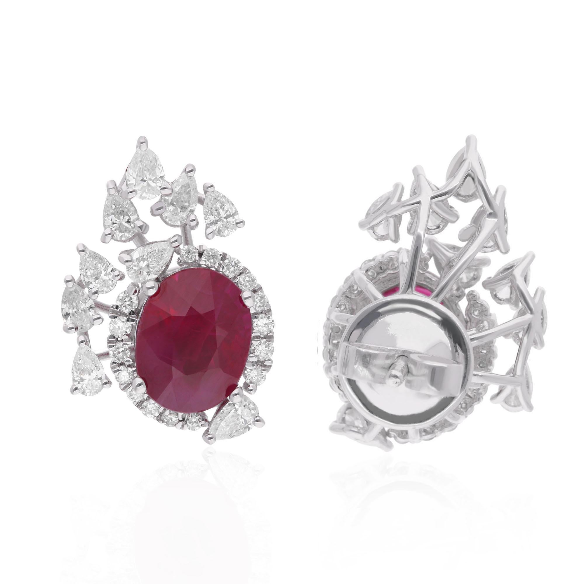 Oval Cut Oval Ruby Gemstone Stud Earrings Diamond 14 Karat White Gold Handmade Jewelry For Sale