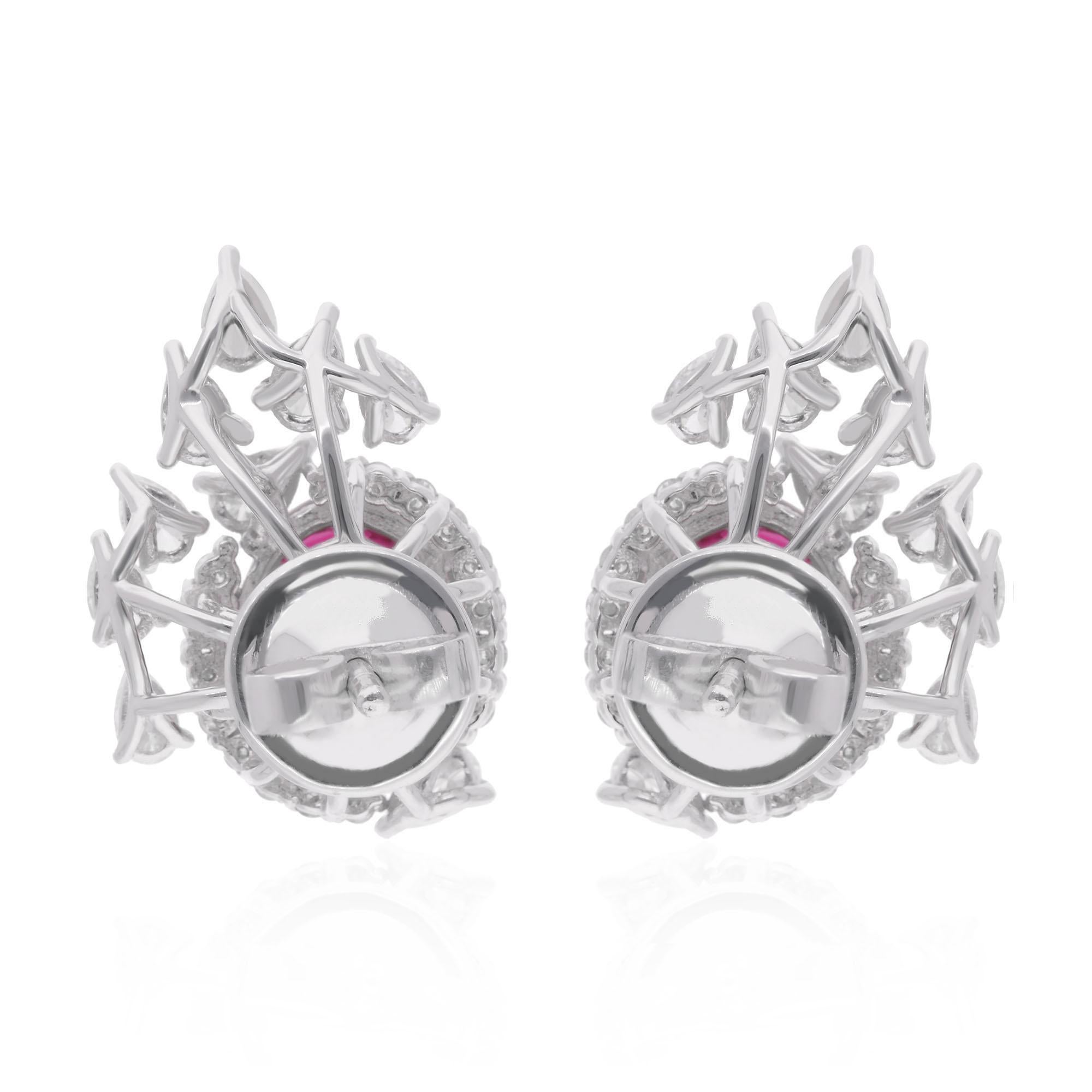 Women's Oval Ruby Gemstone Stud Earrings Diamond 14 Karat White Gold Handmade Jewelry For Sale