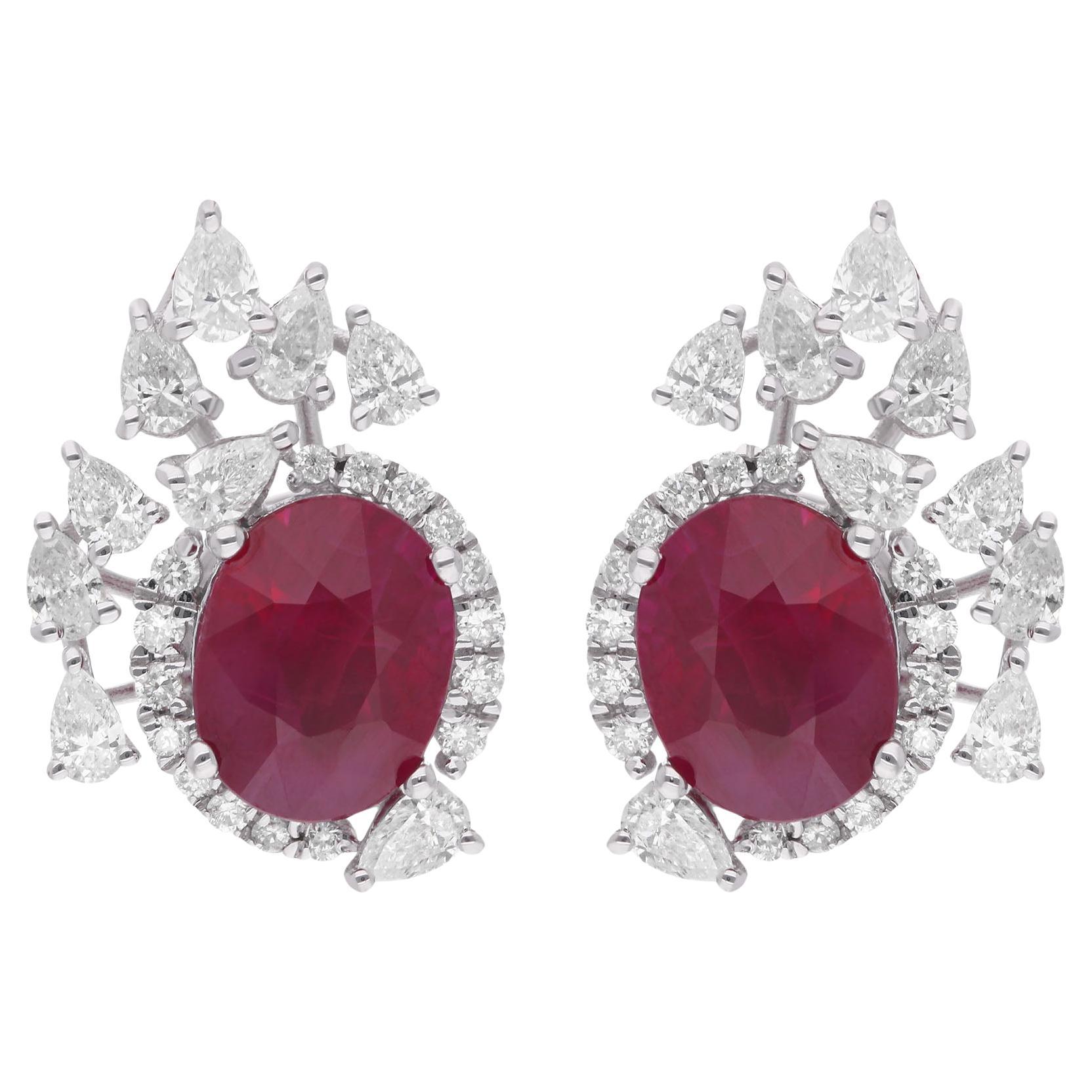 Orecchini ovali di rubino con pietra preziosa Diamante Oro bianco 14 carati Gioielli fatti a mano