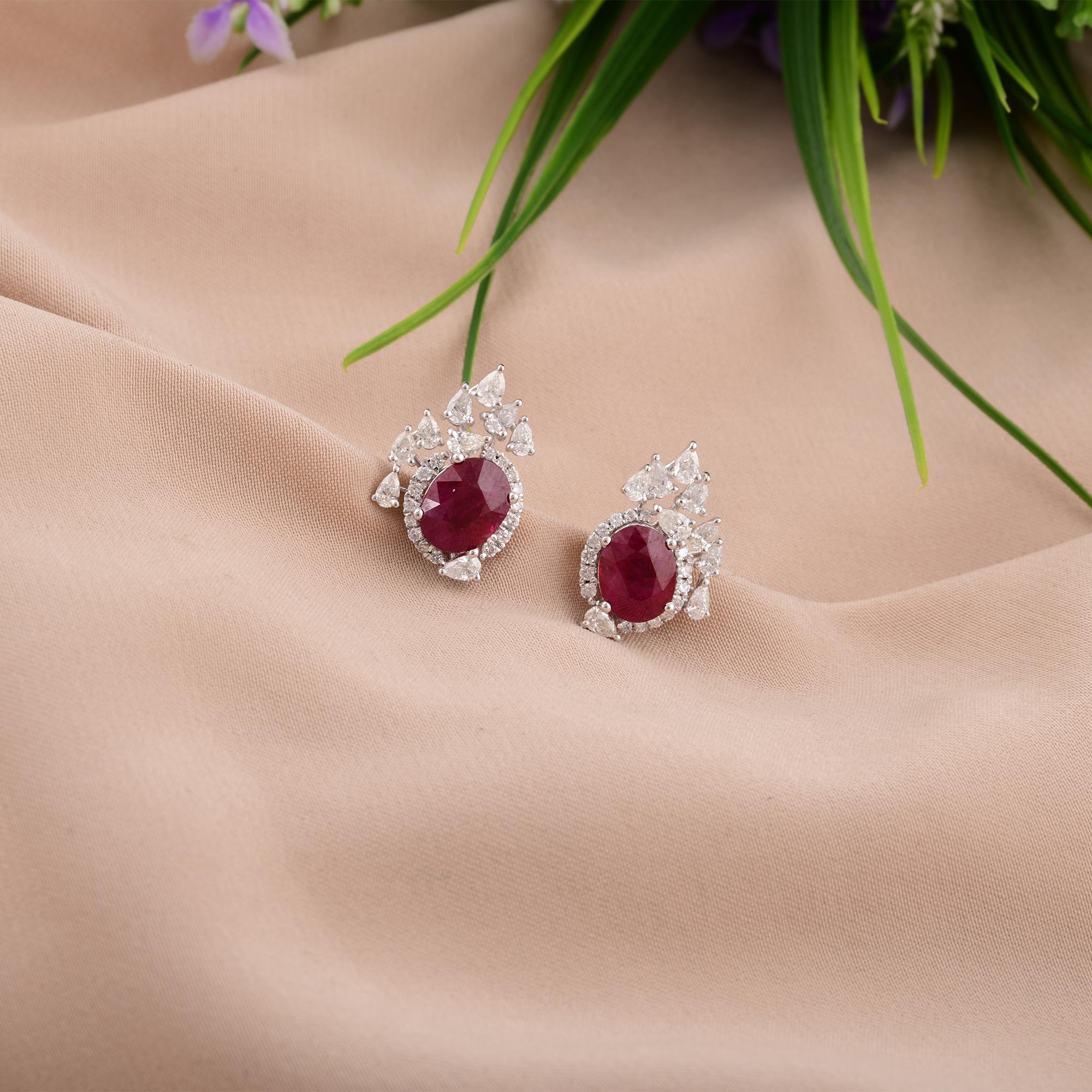 Modern Oval Ruby Gemstone Stud Earrings Diamond 18 Karat White Gold Handmade Jewelry For Sale