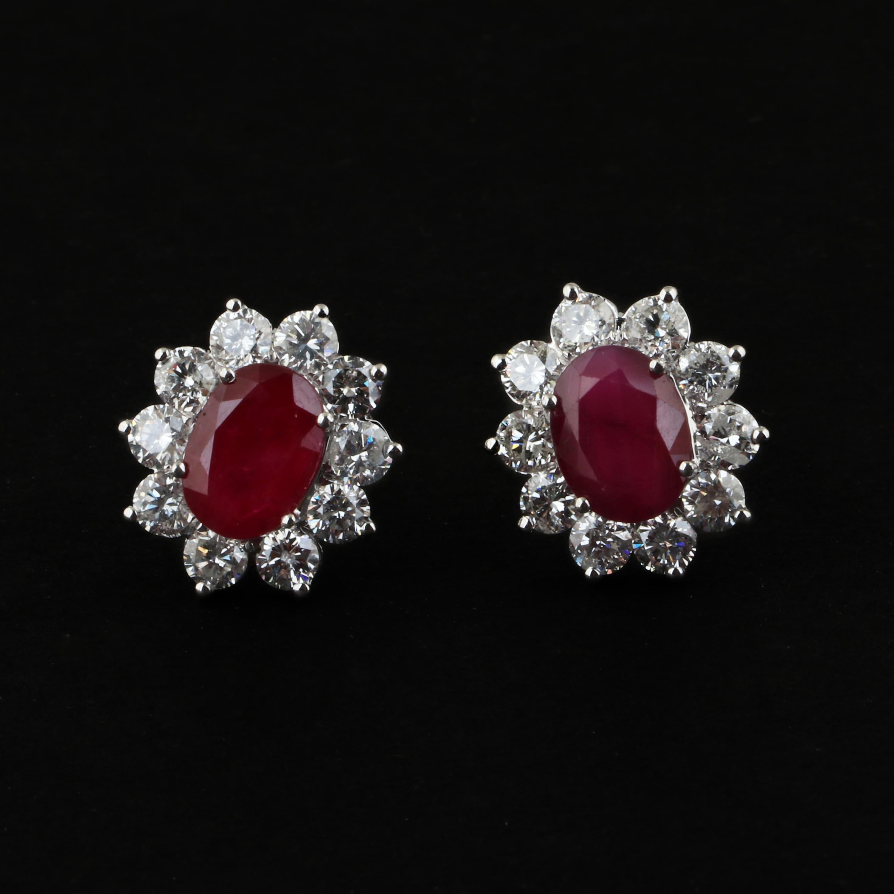 Oval Cut Oval Ruby Gemstone Stud Earrings Diamond 18 Karat White Gold Handmade Jewelry For Sale