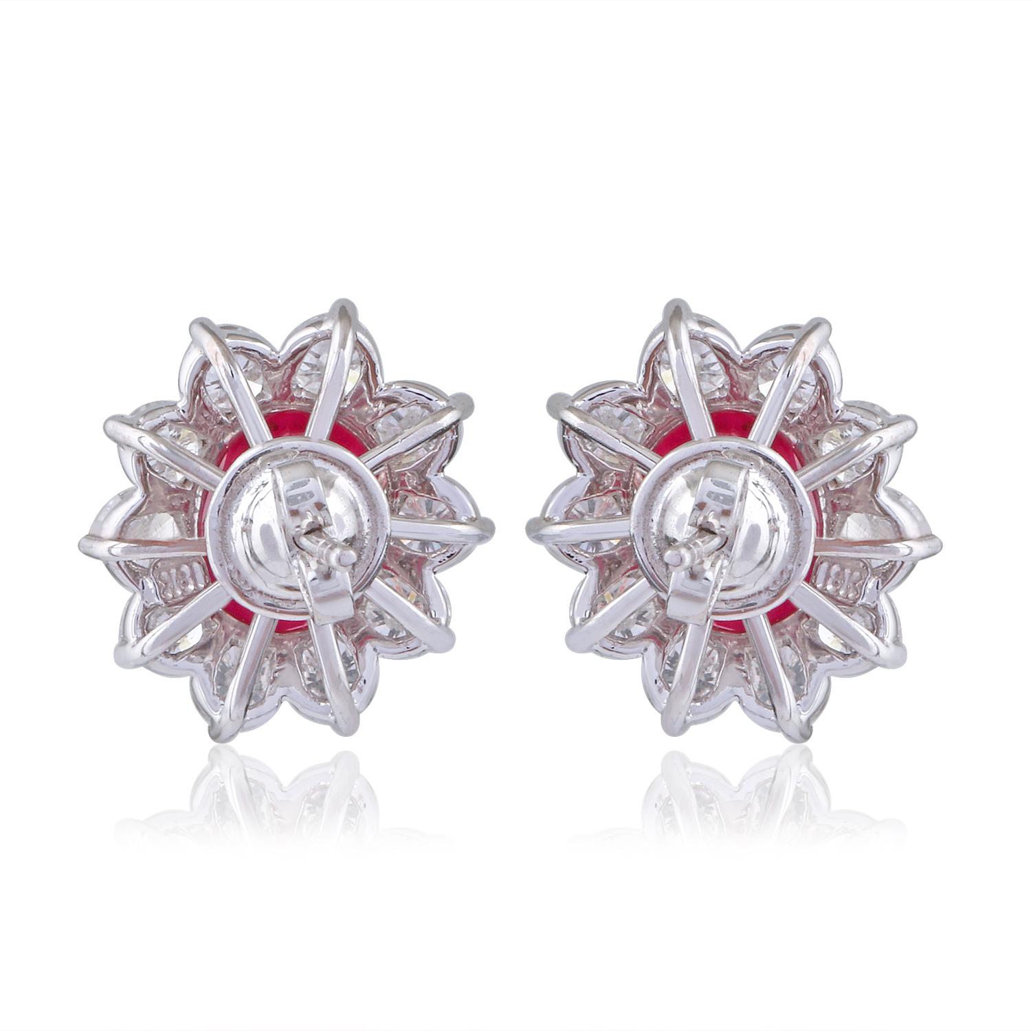 Women's Oval Ruby Gemstone Stud Earrings Diamond 18 Karat White Gold Handmade Jewelry For Sale