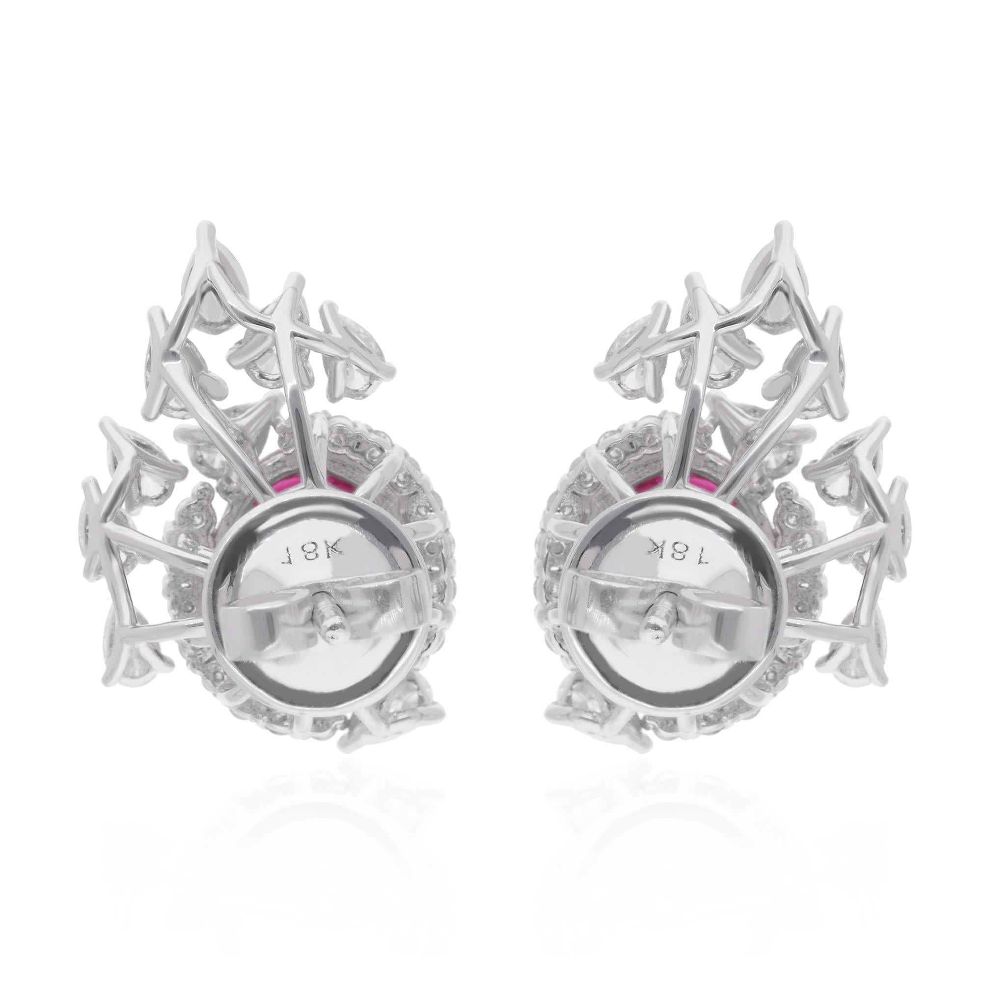 Women's Oval Ruby Gemstone Stud Earrings Diamond 18 Karat White Gold Handmade Jewelry For Sale