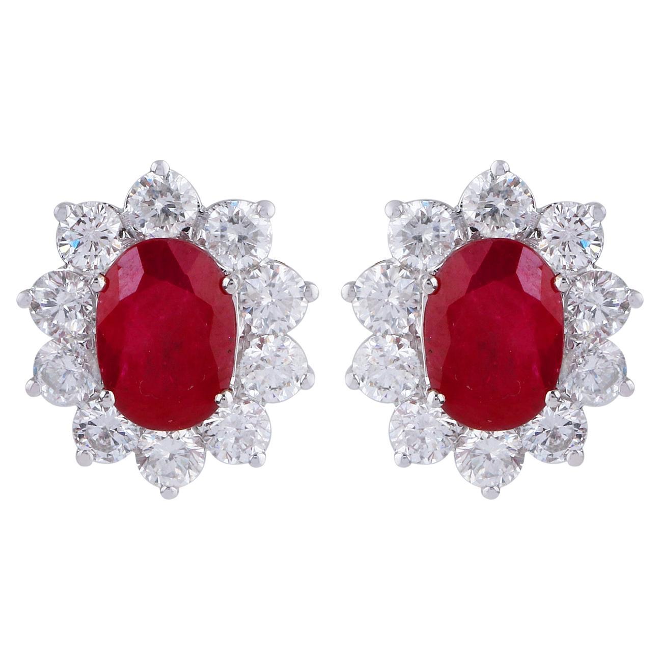 Oval Ruby Gemstone Stud Earrings Diamond 18 Karat White Gold Handmade Jewelry For Sale