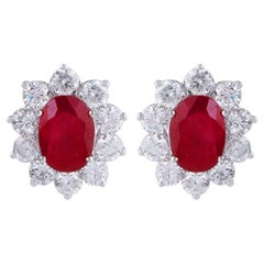 Oval Ruby Gemstone Stud Earrings Diamond 18 Karat White Gold Handmade Jewelry