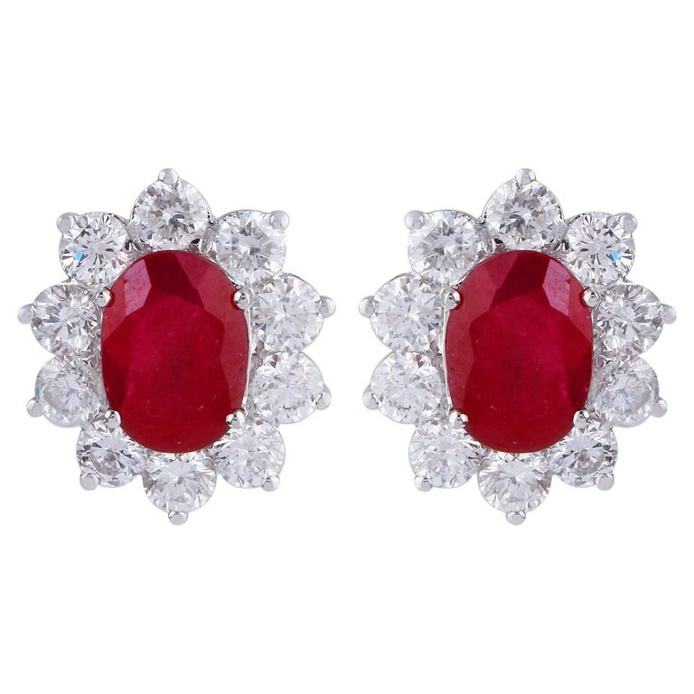 Oval Ruby Gemstone Stud Earrings Diamond 18 Karat White Gold Handmade