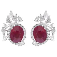 Oval Ruby Gemstone Stud Earrings Diamond 18 Karat White Gold Handmade Jewelry
