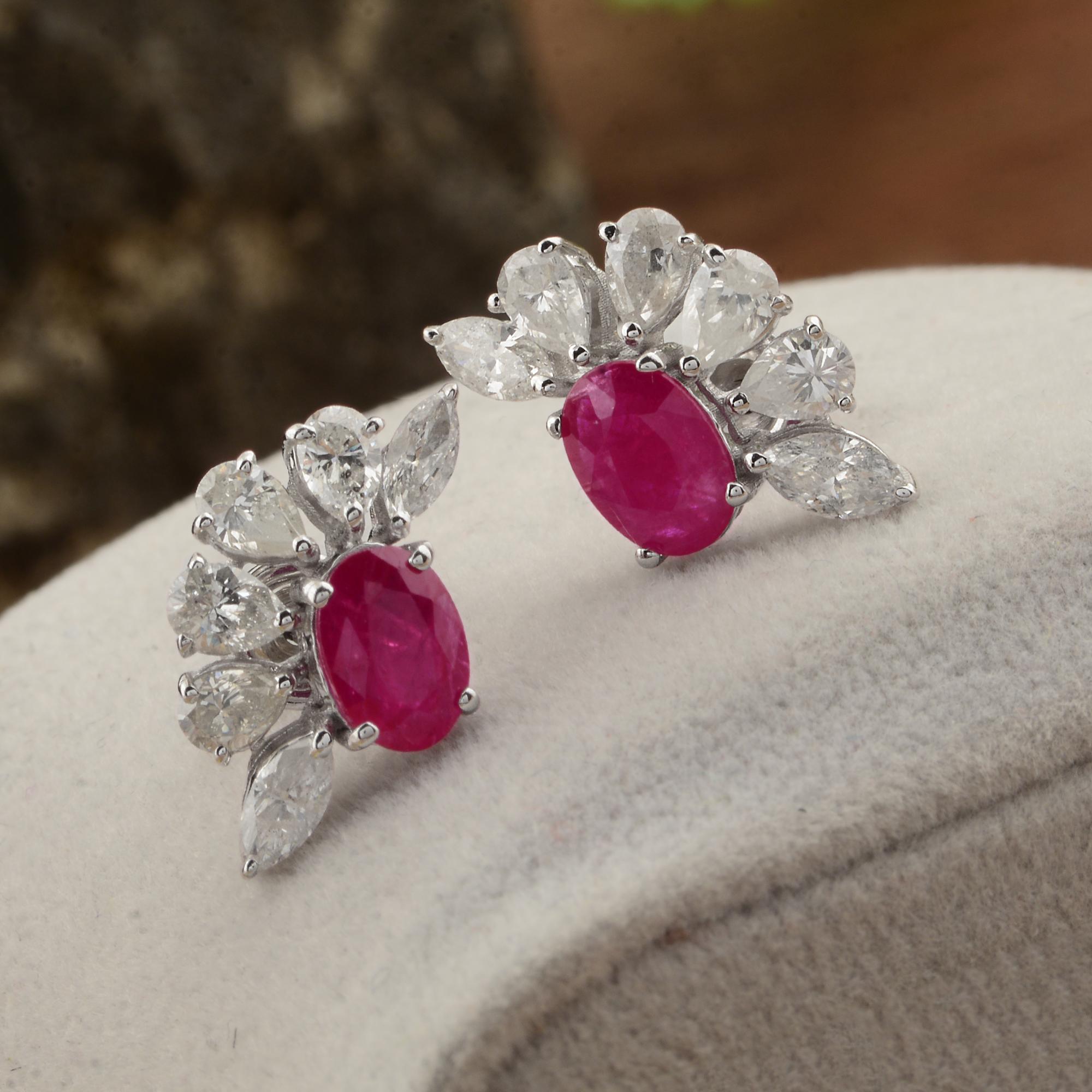 Modern Oval Ruby Gemstone Stud Earrings Solid 10k White Gold Marquise Diamond Jewelry For Sale