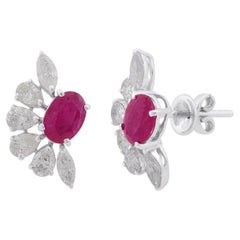 Used Oval Ruby Gemstone Stud Earrings Solid 10k White Gold Marquise Diamond Jewelry