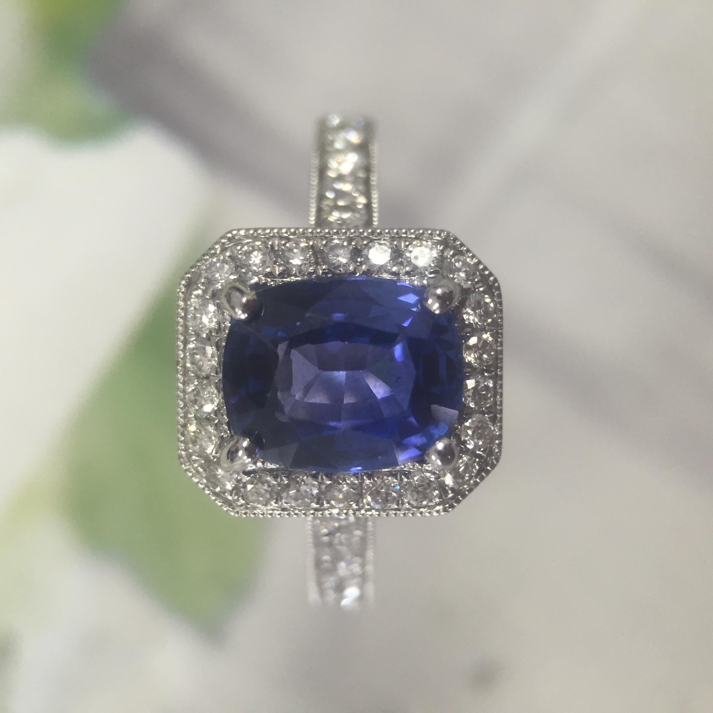 Ring will be made to order, please allow 3-6 weeks, if you need it sooner let us know and we will try to accommodate you.

1. Carat Weight: 1.00+
2. Color: Blue
3. Tone:  Medium - Nice, 7.0 Out of 10
4. Hue: Fancy Blue.
3. Clarity: Good See Photo
4.