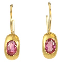 Oval Ruby Gypsy Drop Earrings in 22K Yellow Gold Handmade by Bracken Jewelers