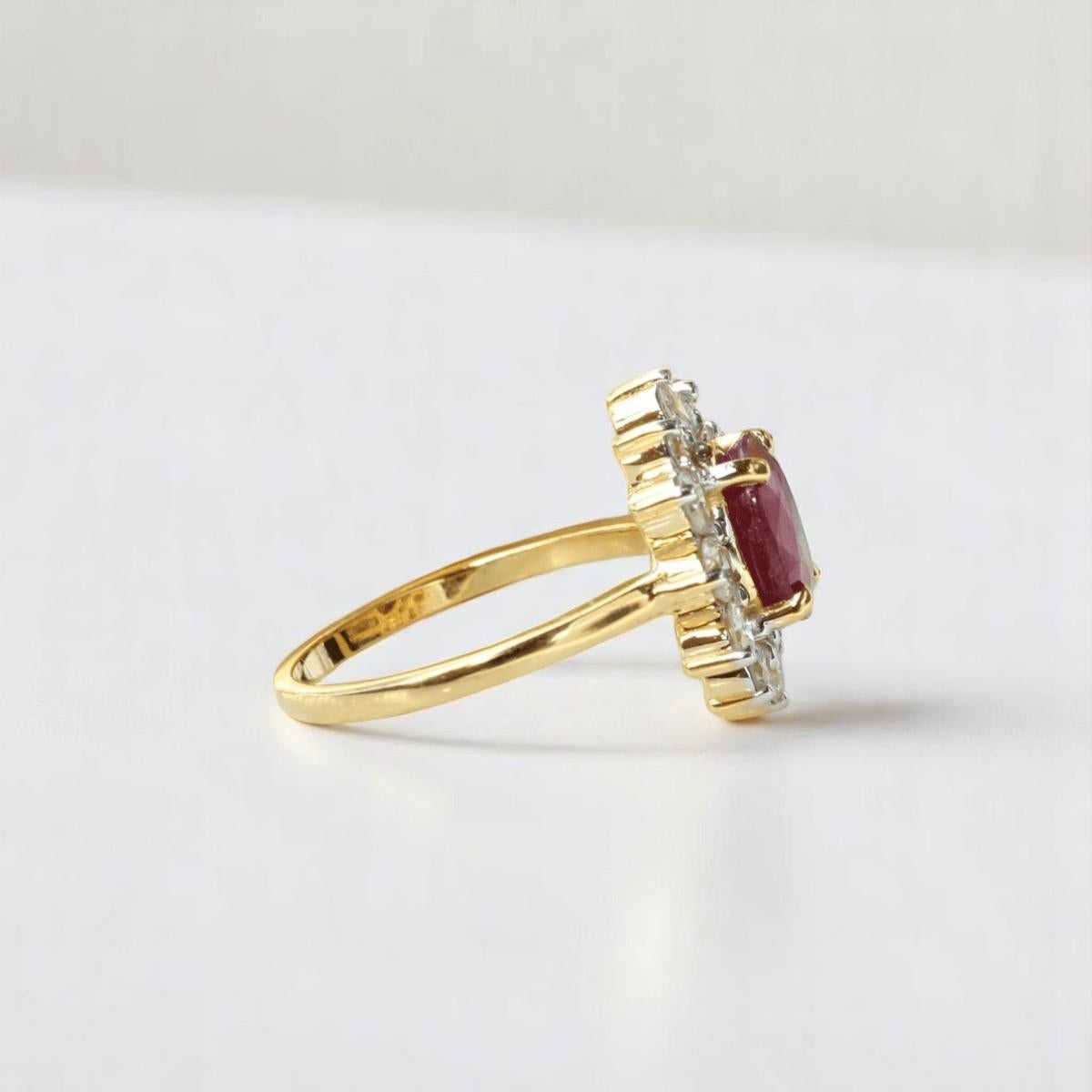 Art Deco Oval Ruby Halo Diamond Gemstone Ring in 14K Solid Gold (Certified) For Sale