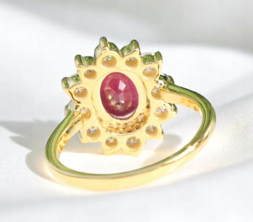 Oval Ruby Halo Diamond Gemstone Ring in 14K Solid Gold (Certified) In New Condition For Sale In New Delhi, DL
