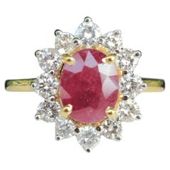 Oval Ruby Halo Diamond Gemstone Ring in 14K Solid Gold (Certified)