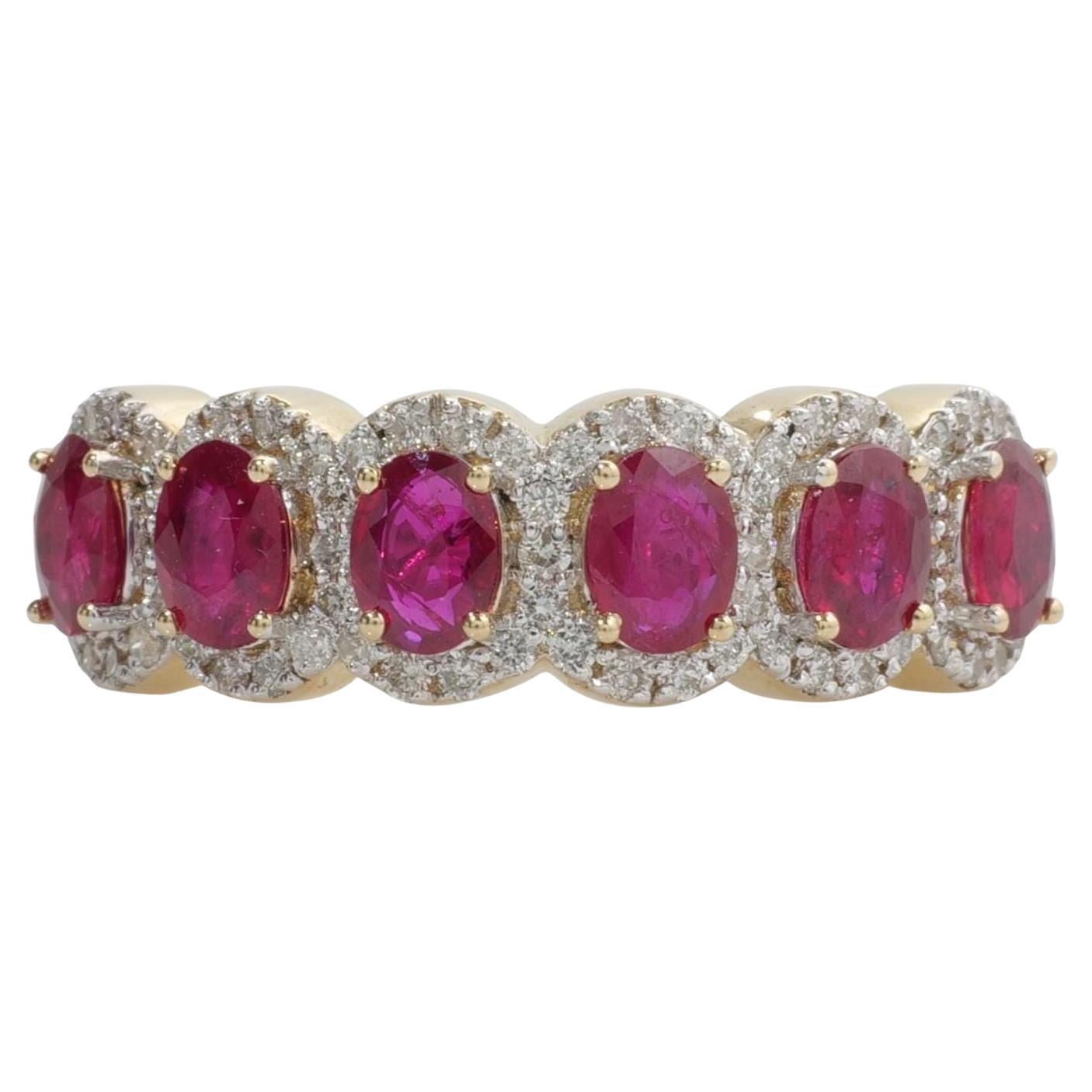 Oval Ruby Halo Natural Diamond Half Eternity Ring in 14K Solid Gold (Certified)