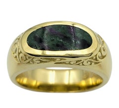 Oval Ruby-in-Zoisite Inlay Signet Style Ornate Band Ring in 18 Karat Yellow Gold