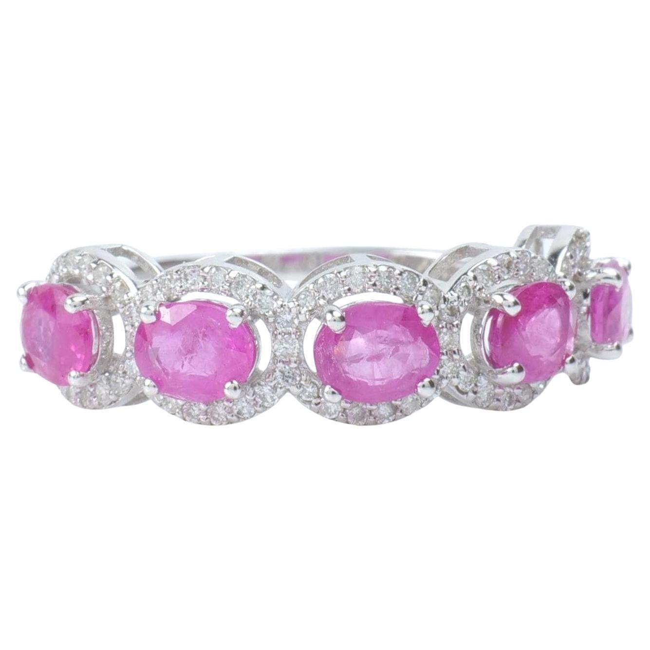 Oval Ruby Natural Diamond Half Eternity Stack Ring in 14K Solid Gold (Certified) For Sale