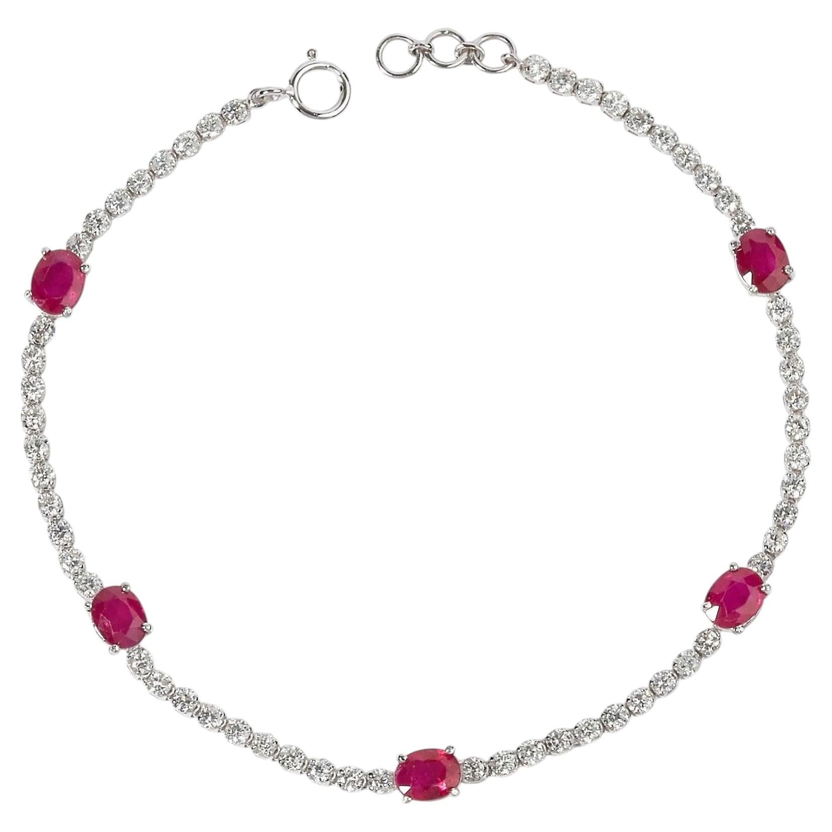 Oval Ruby Natural Diamond Station Stack Bracelet in 14K Solid Gold (Certified)