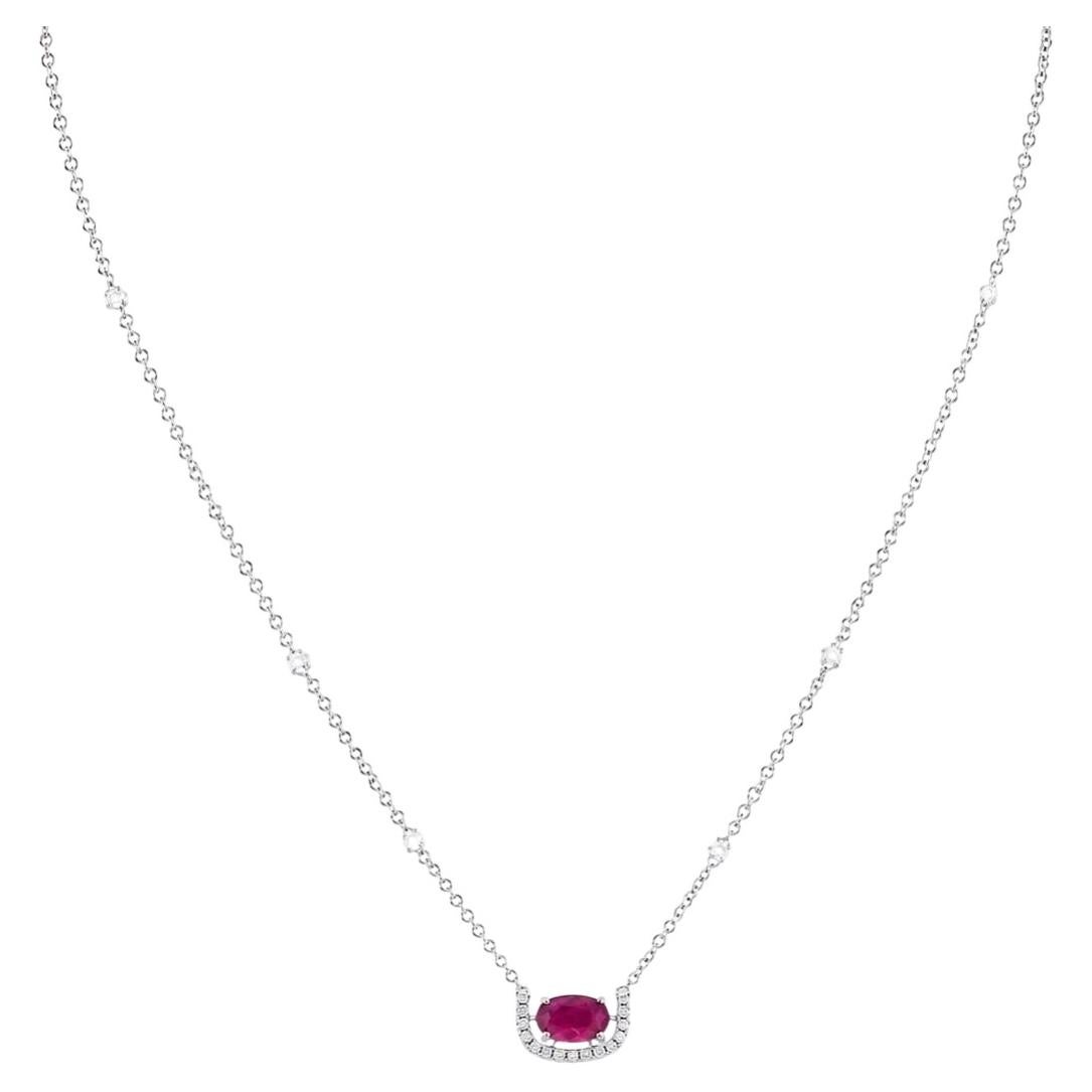 Oval Ruby Natural Diamond U Shape Necklace in 14K Solid Gold (Certified) For Sale