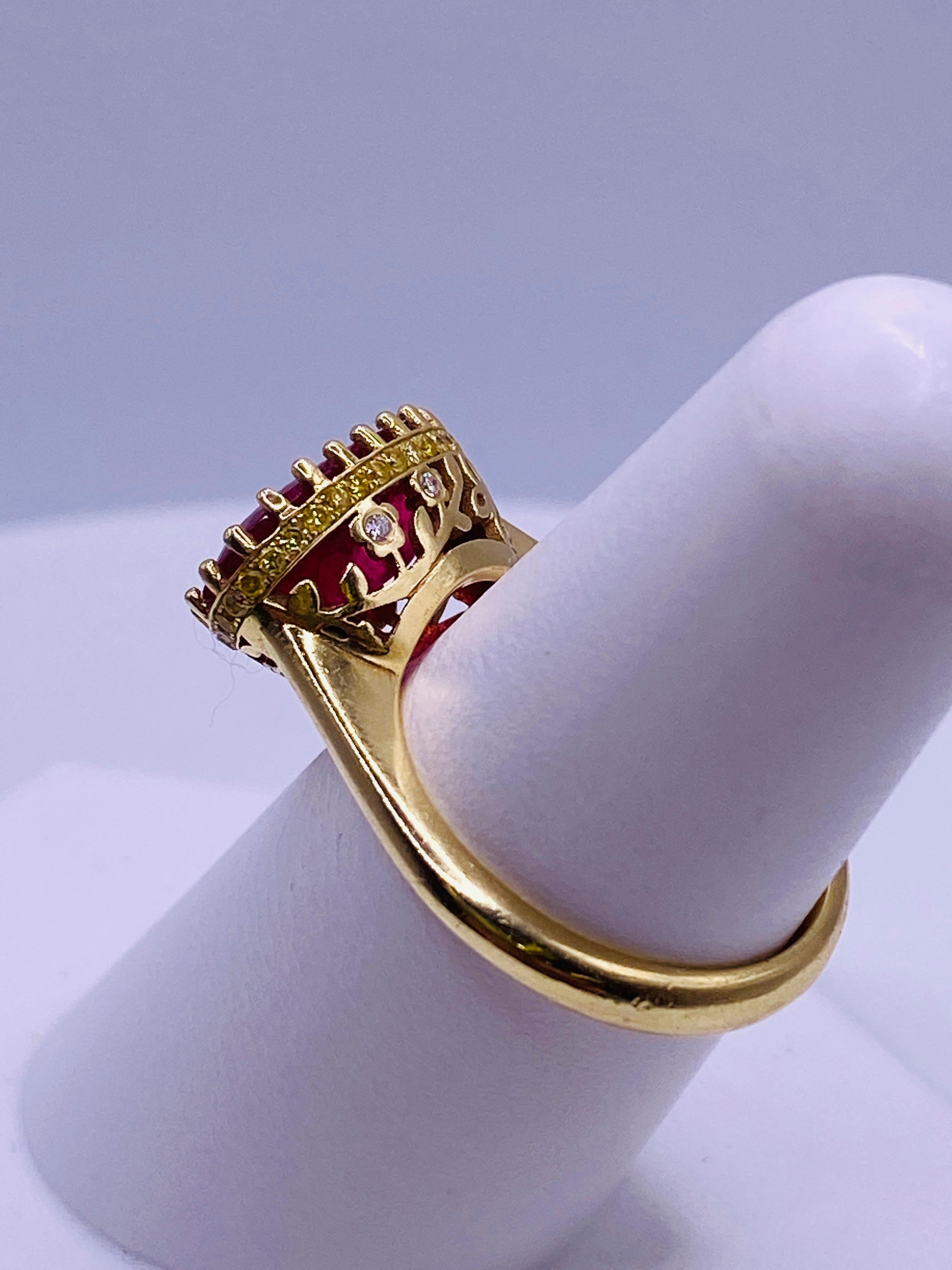 Oval Cut Oval Ruby-Pink Tourmaline and Yellow Diamond Ring For Sale