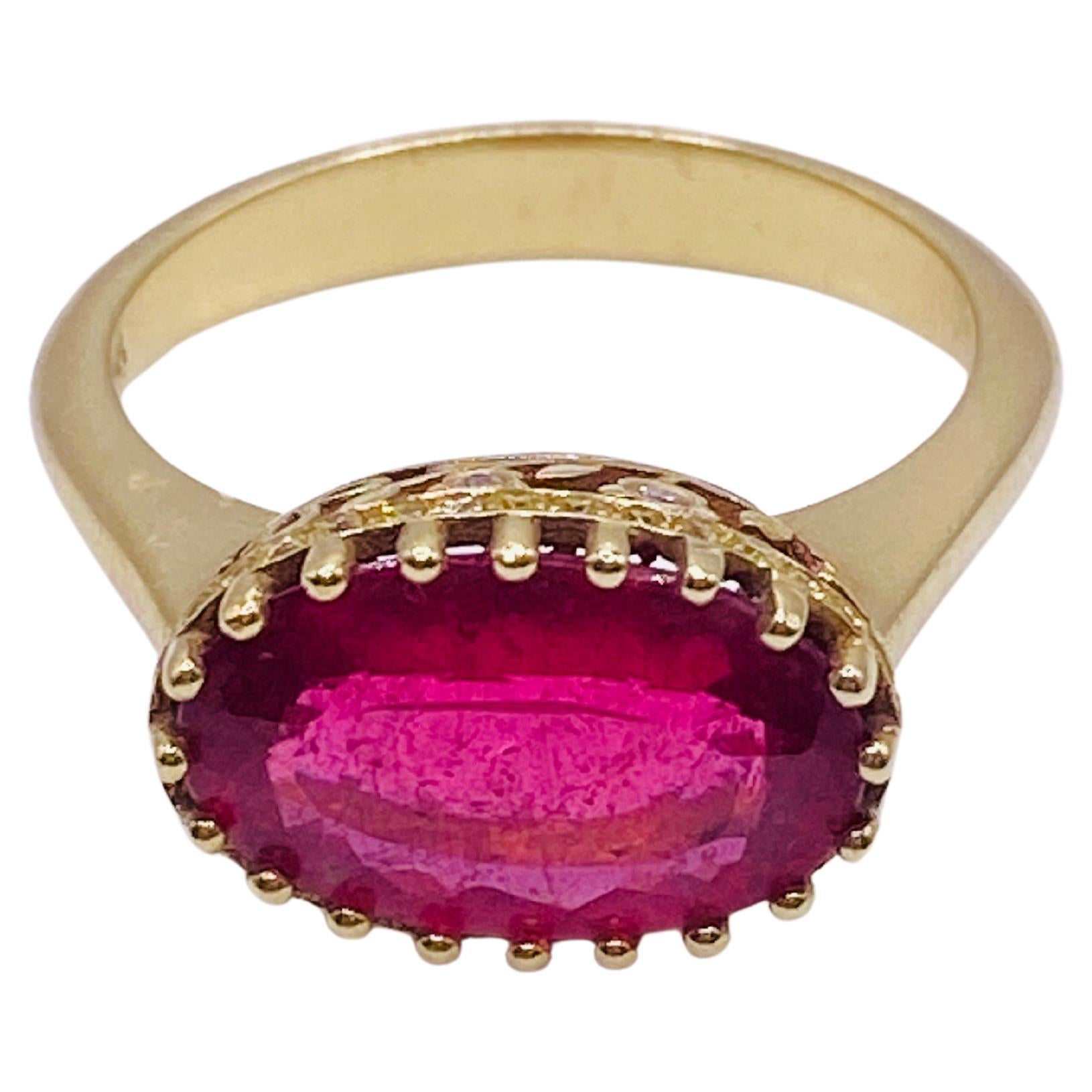 Oval Ruby-Pink Tourmaline and Yellow Diamond Ring For Sale