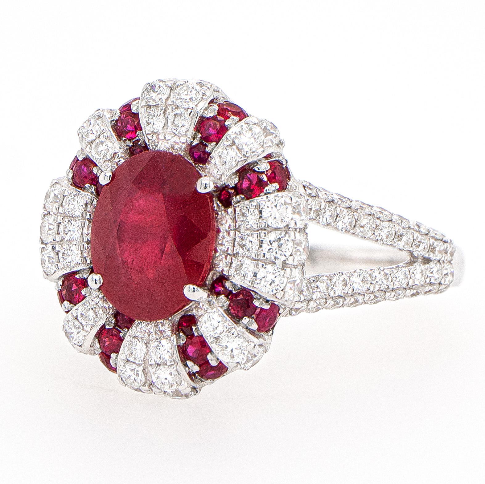 Art Deco Oval Ruby Ring 2.04 Carats Set with Diamonds 0.92 Carats 18k White Gold For Sale