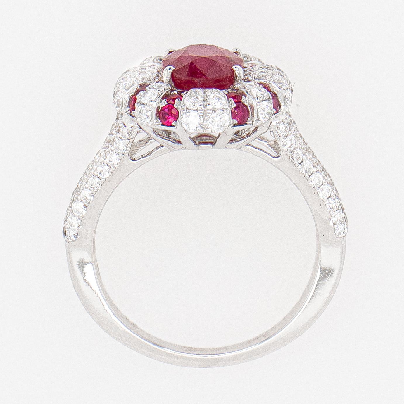 Art Deco Oval Ruby Ring 2.04 Carats Set with Diamonds 0.92 Carats 18k White Gold For Sale
