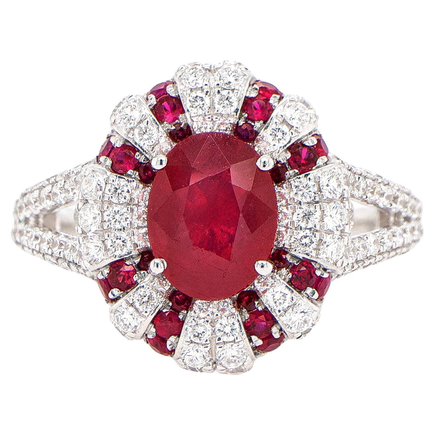 Oval Ruby Ring 2.04 Carats Set with Diamonds 0.92 Carats 18k White Gold For Sale