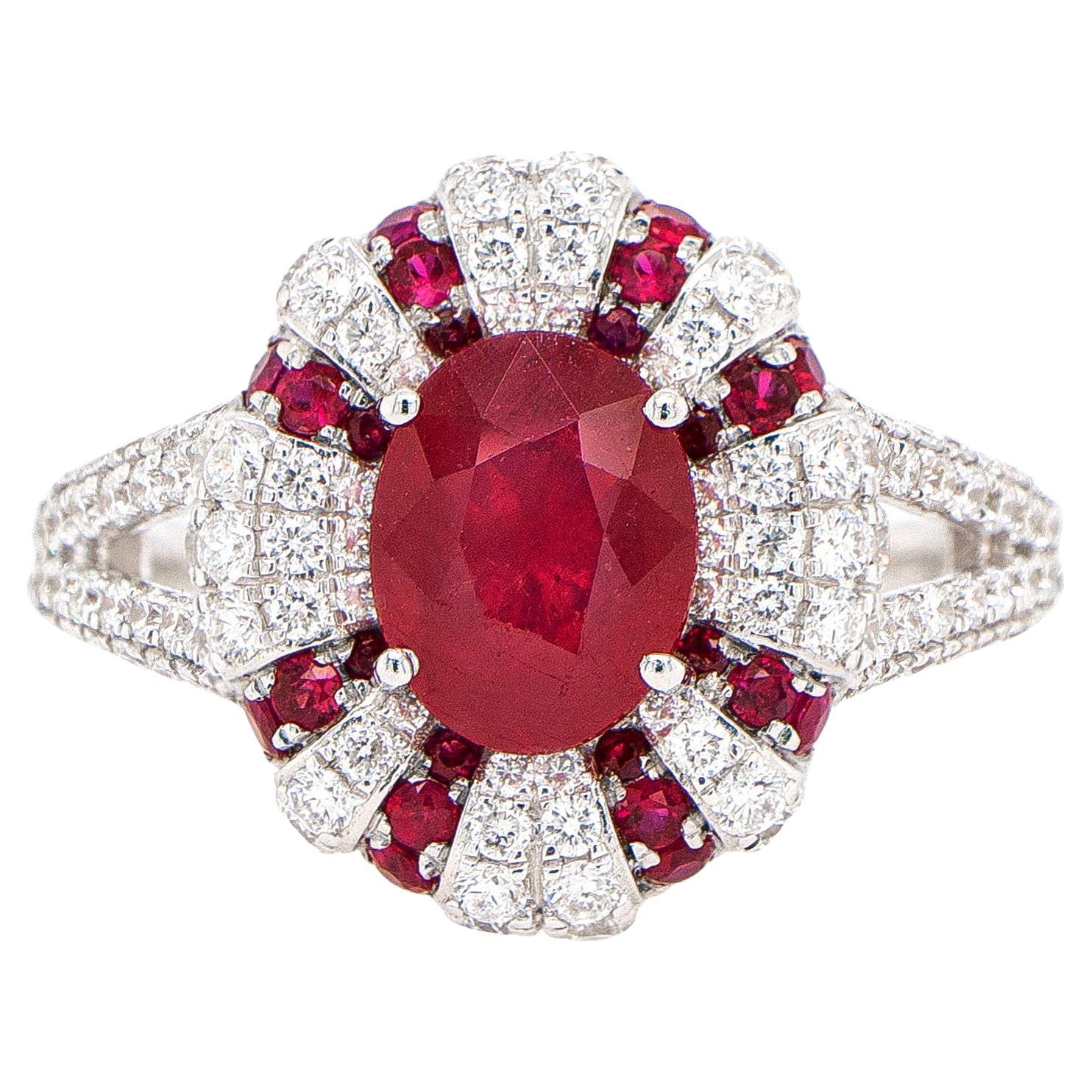 Oval Ruby Ring 2.04 Carats Set with Diamonds 0.92 Carats 18k White Gold