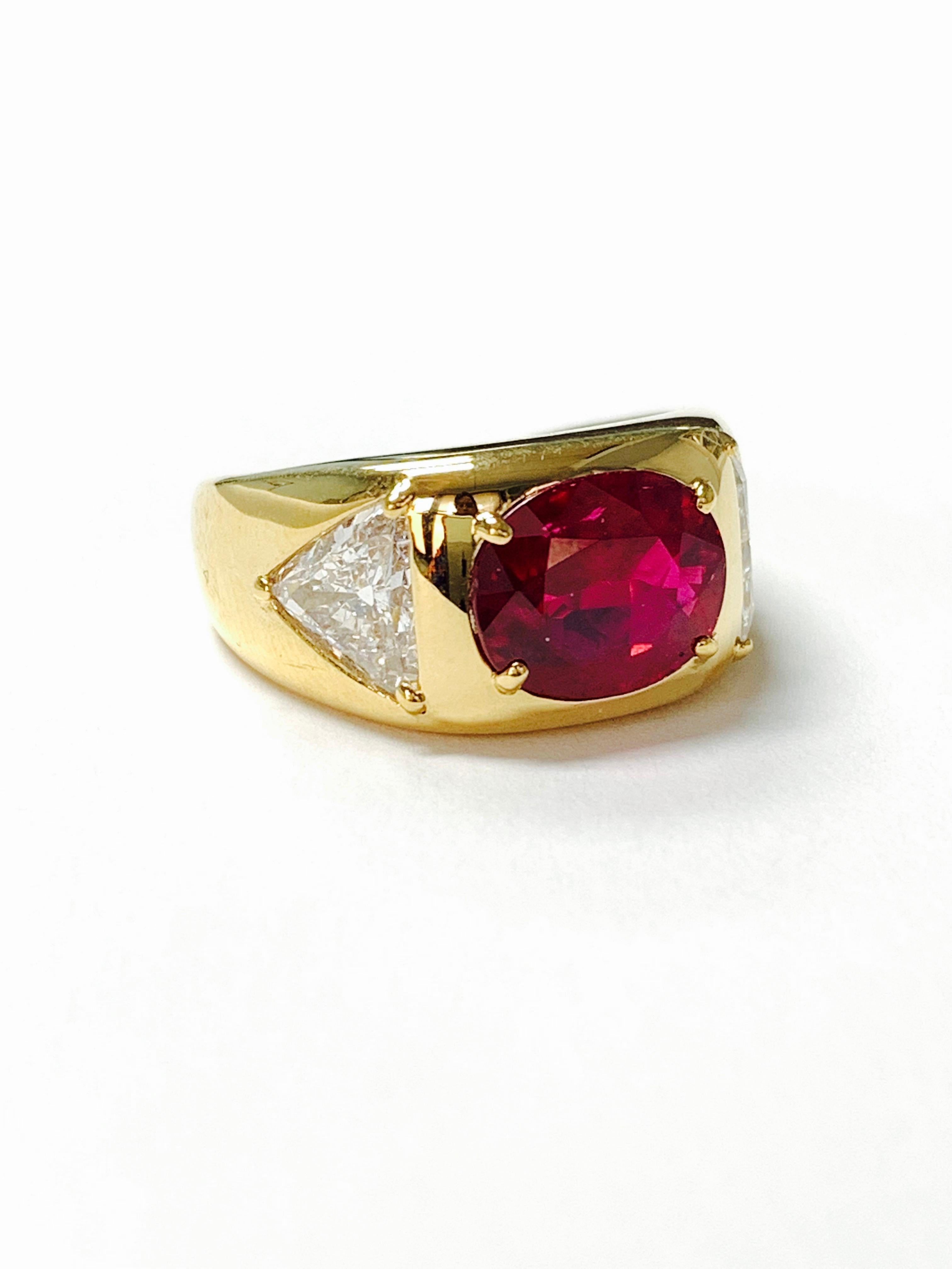Oval Ruby Ring And Trillion Diamond Engagement Ring in 18K Gold, AGL Certified For Sale 3