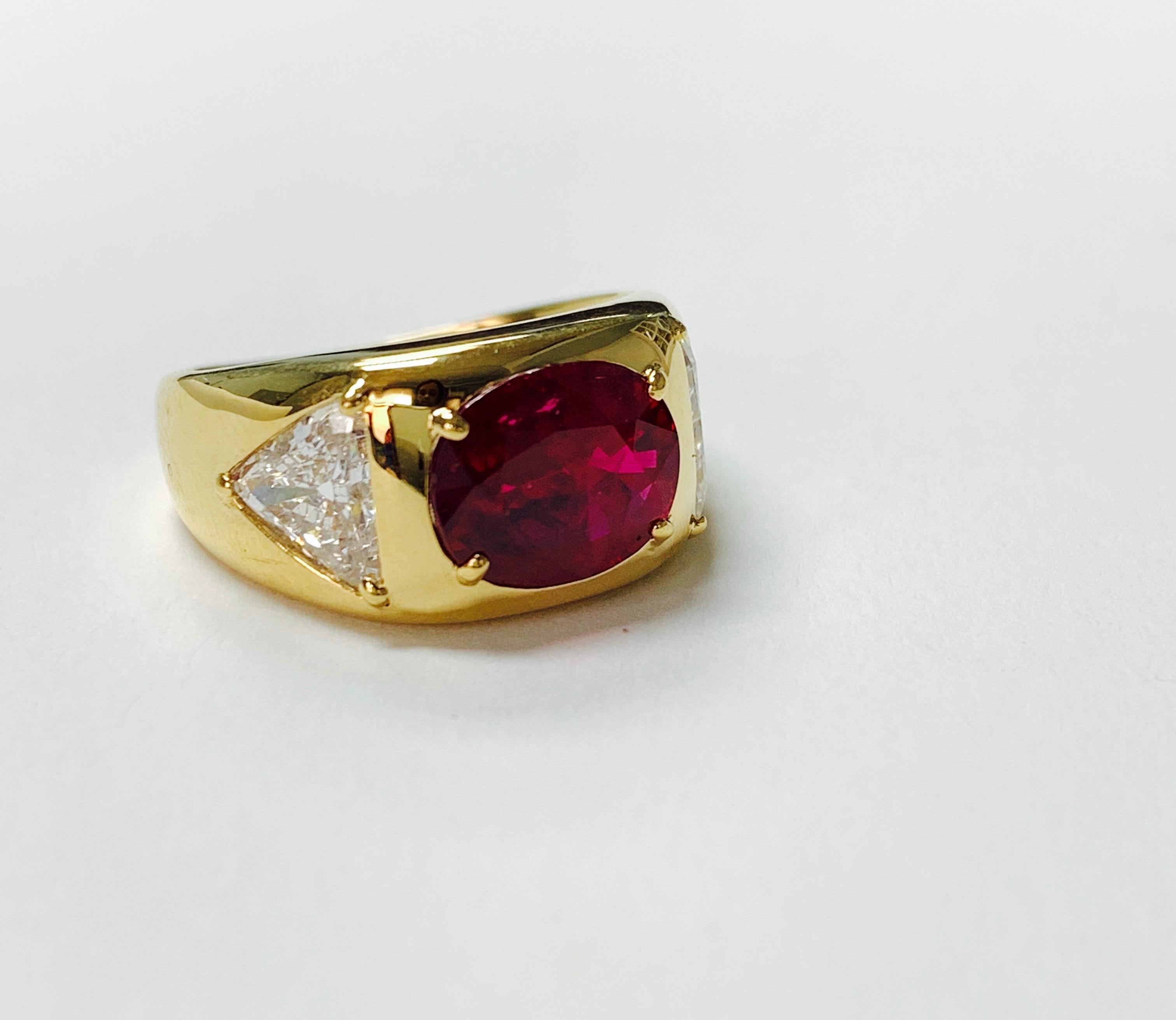 Oval Ruby Ring And Trillion Diamond Engagement Ring in 18K Gold, AGL Certified For Sale 4