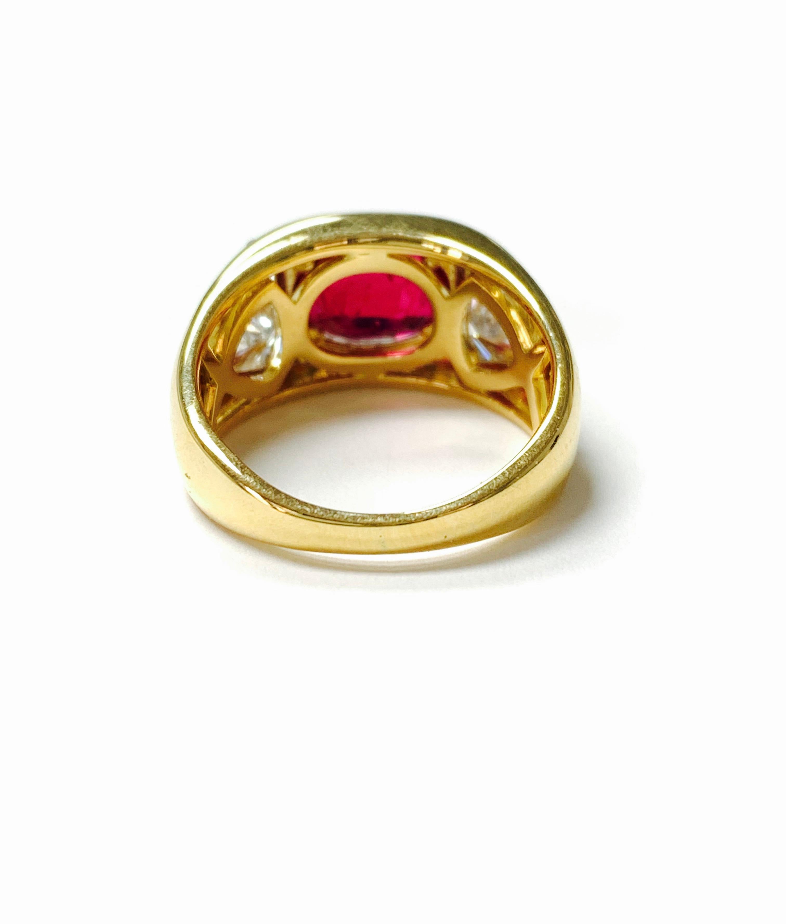 Women's Oval Ruby Ring And Trillion Diamond Engagement Ring in 18K Gold, AGL Certified For Sale