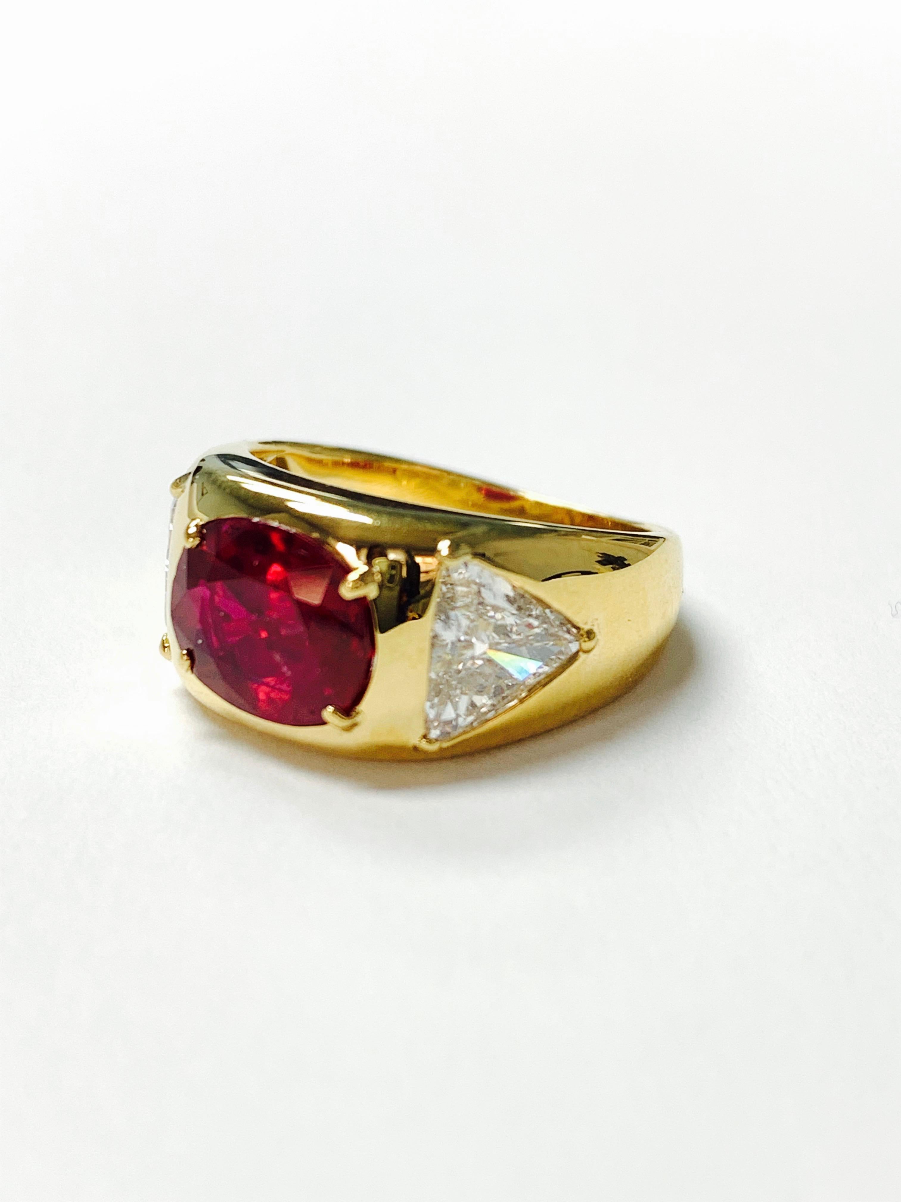 Oval Ruby Ring And Trillion Diamond Engagement Ring in 18K Gold, AGL Certified For Sale 1