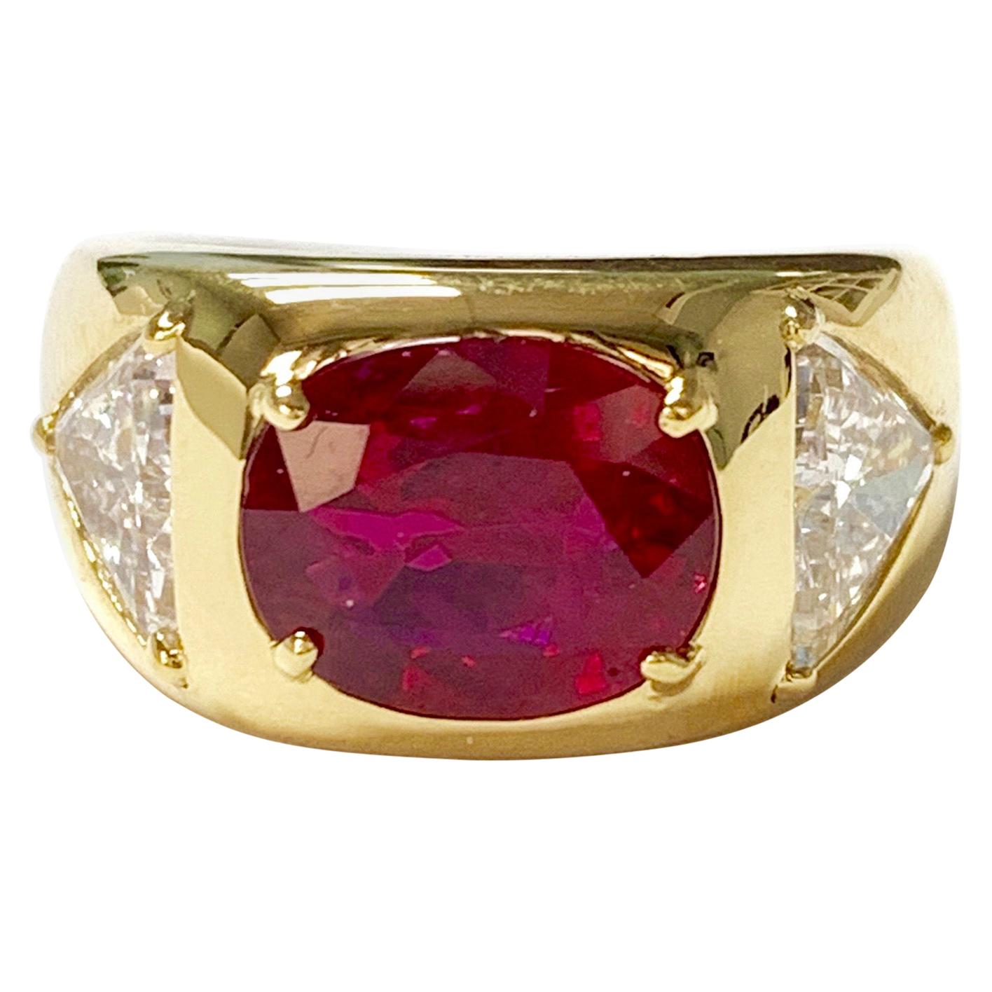 Oval Ruby Ring And Trillion Diamond Engagement Ring in 18K Gold, AGL Certified For Sale