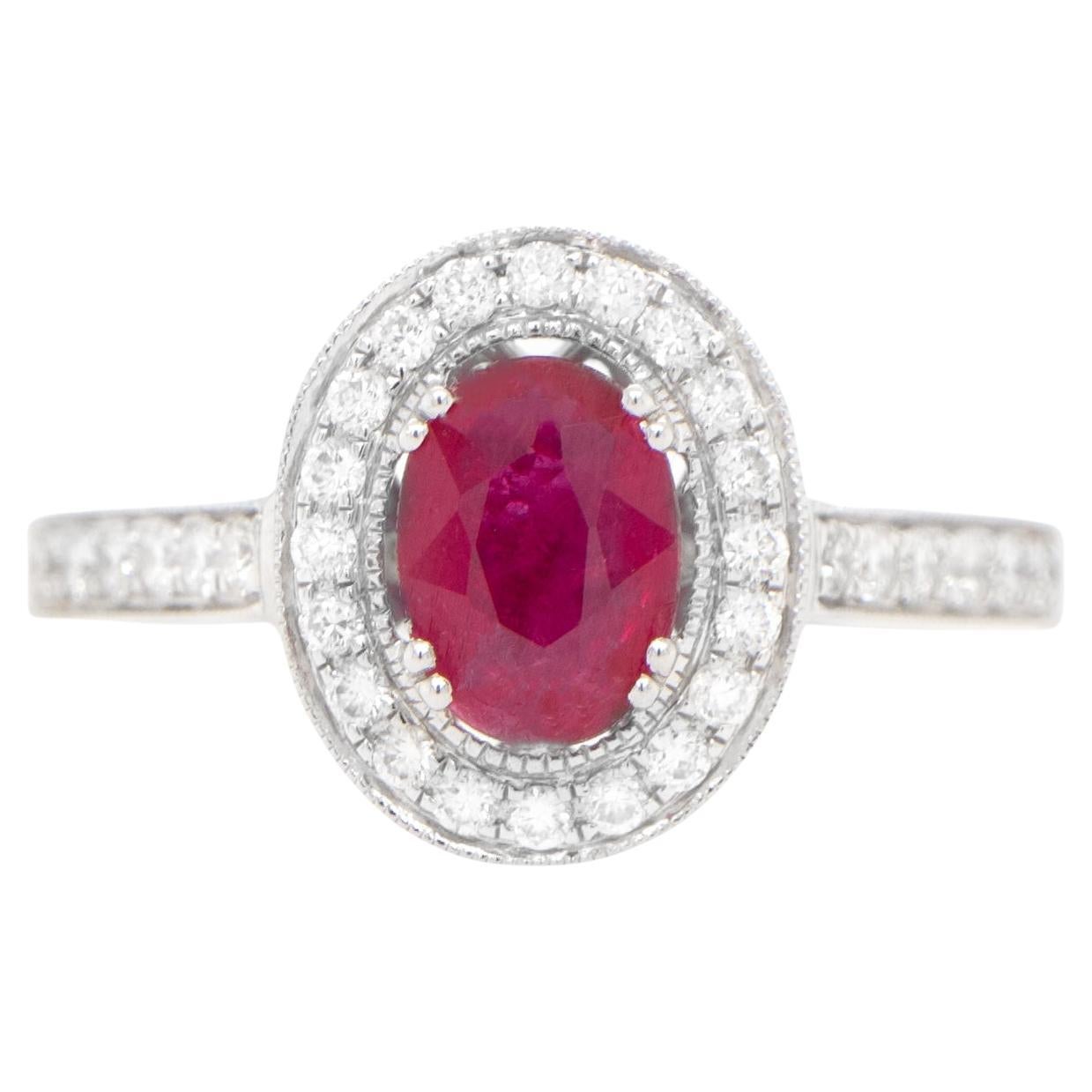 Oval Ruby Ring Diamond Halo Setting 1.21 Carats 18K Gold For Sale