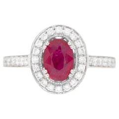 Oval Ruby Ring Diamond Halo Setting 1.21 Carats 18K Gold