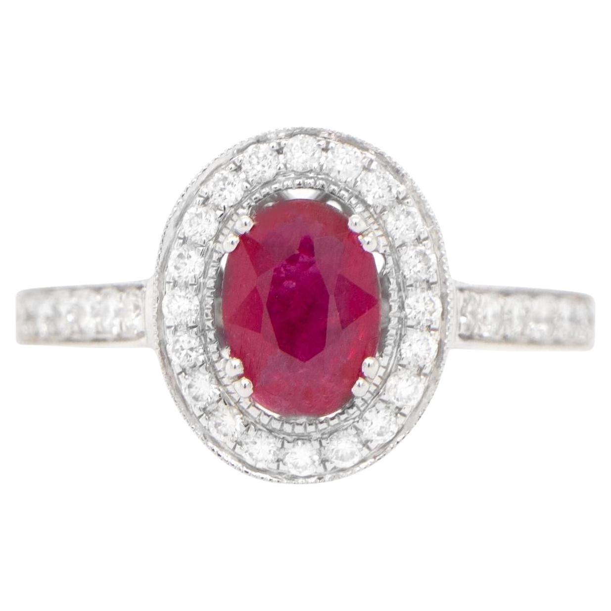 Oval Ruby Ring Diamond Halo Setting 1.21 Carats 18K Gold