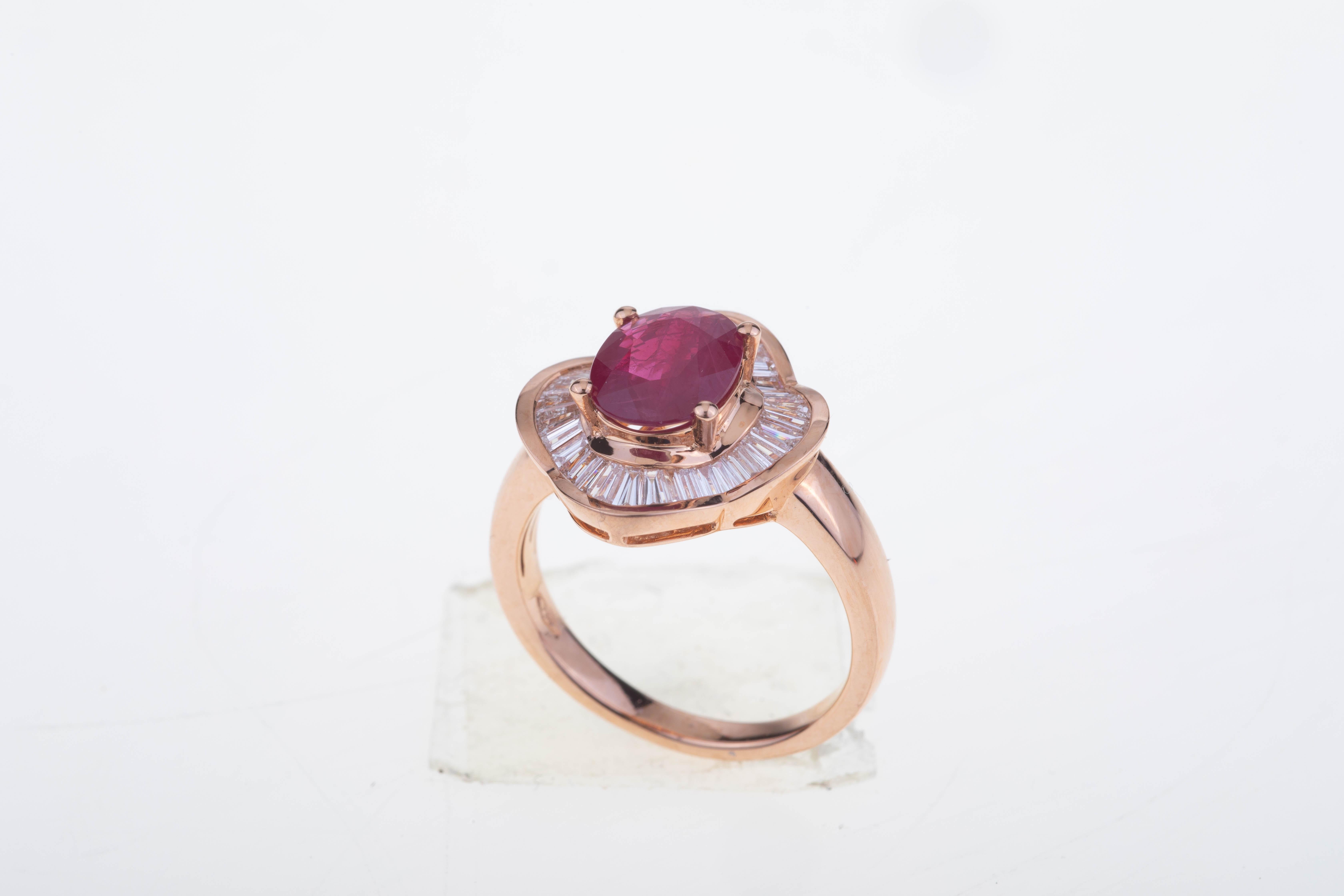 Oval Ruby Ring Rose Gold Set with Baguette Diamonds In New Condition For Sale In Roma, IT