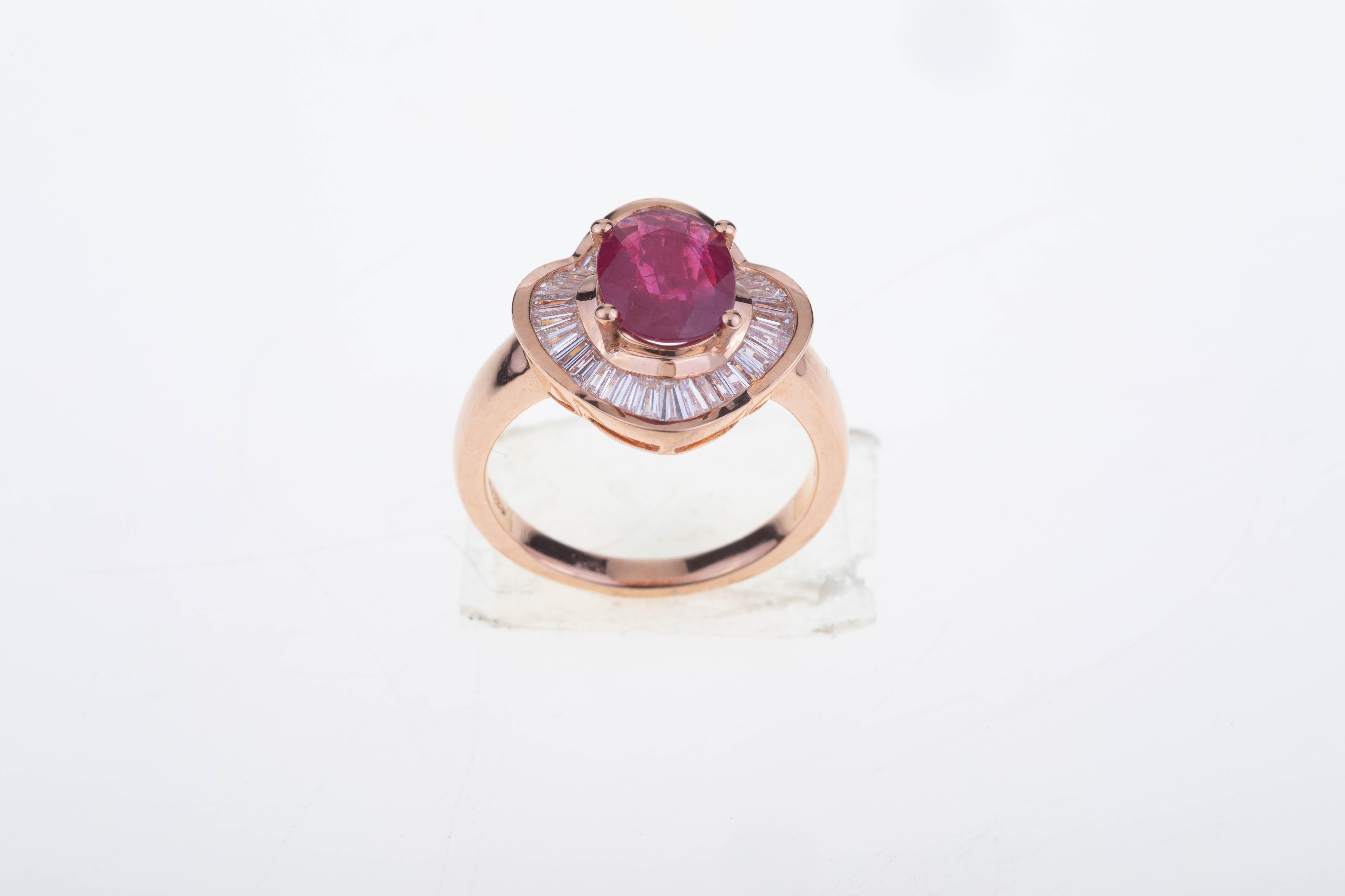 Women's Oval Ruby Ring Rose Gold Set with Baguette Diamonds For Sale