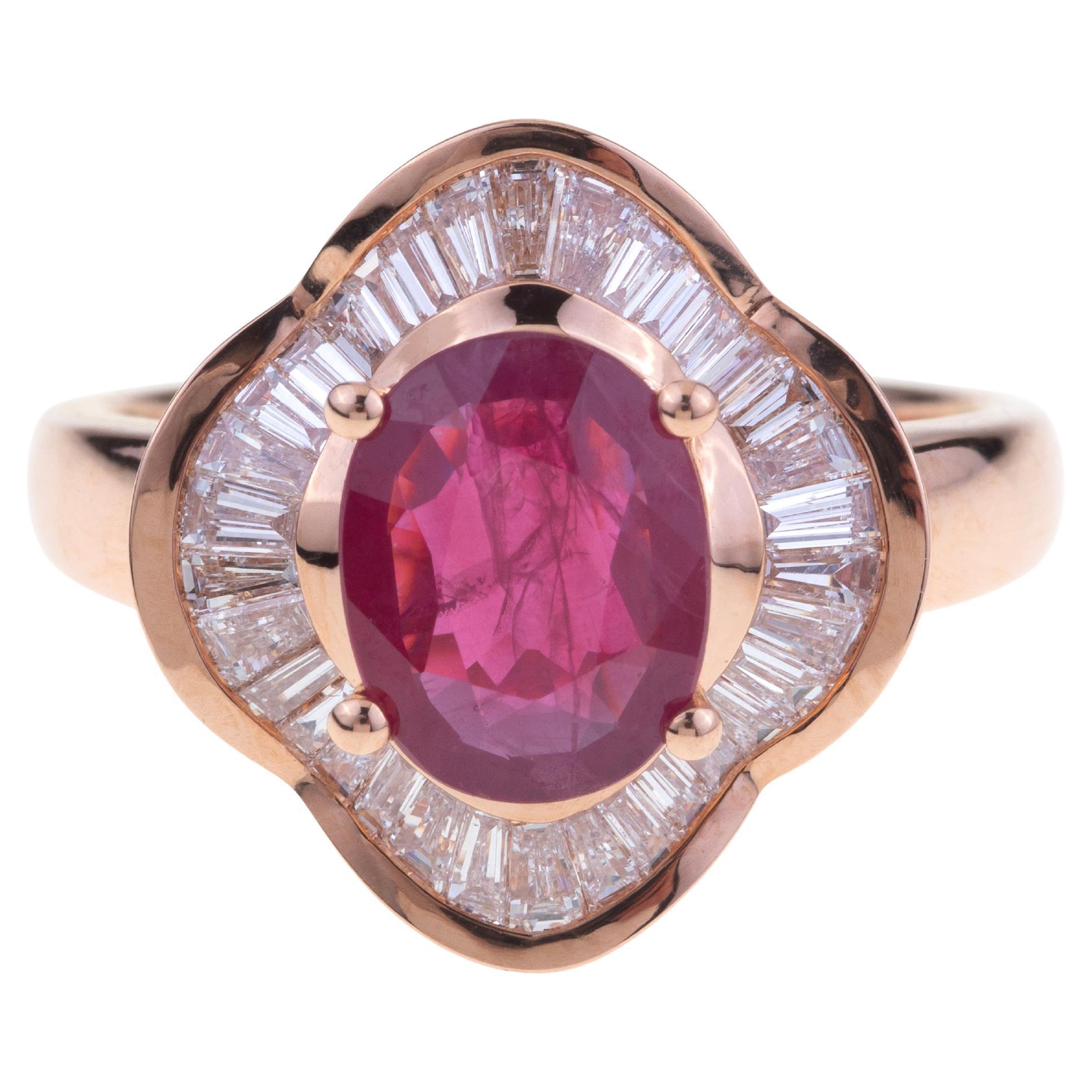 Oval Ruby Ring Rose Gold Set with Baguette Diamonds For Sale