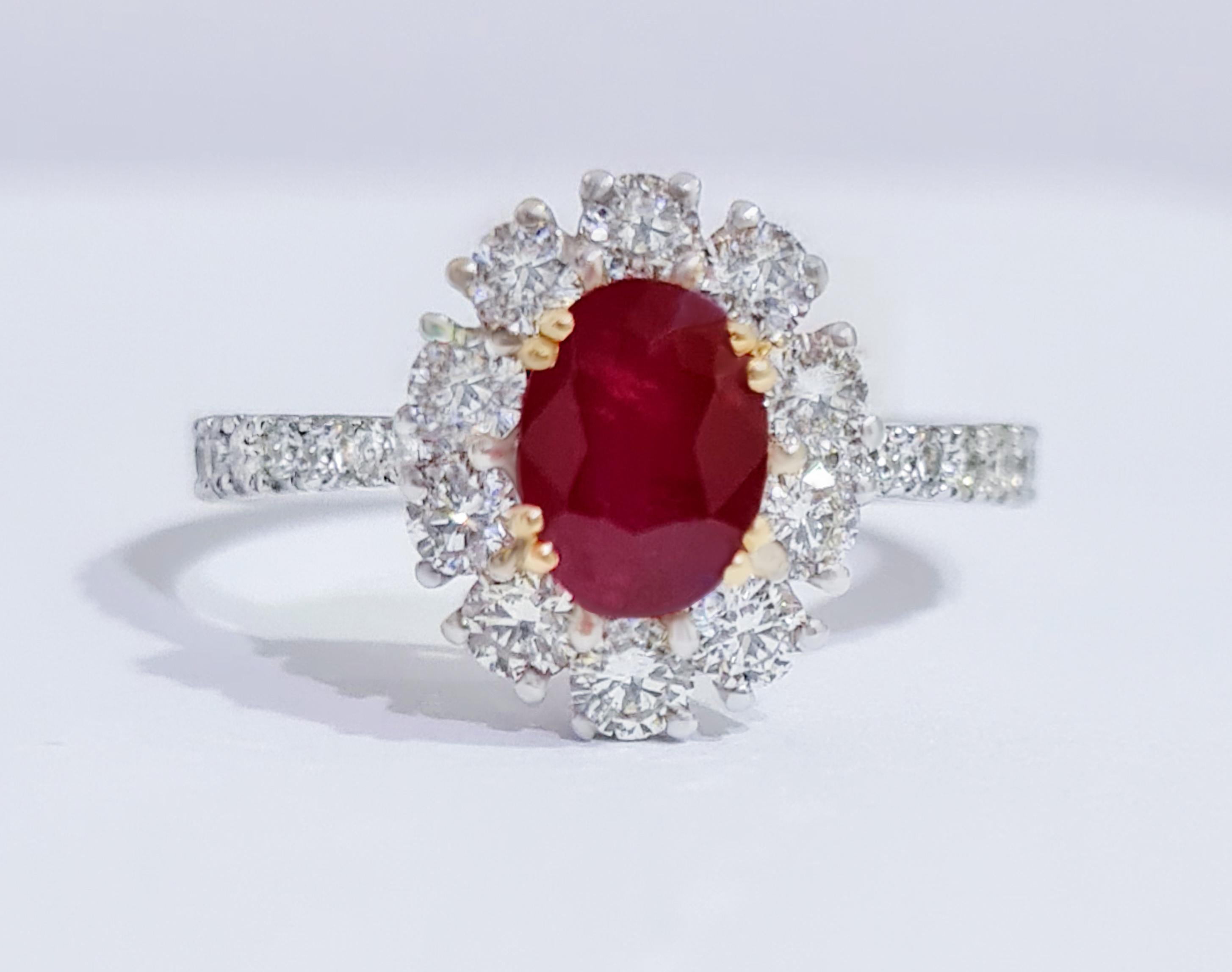 Modern Oval Ruby Ring Round Diamond Halo 2.29 Carats 18K Gold For Sale