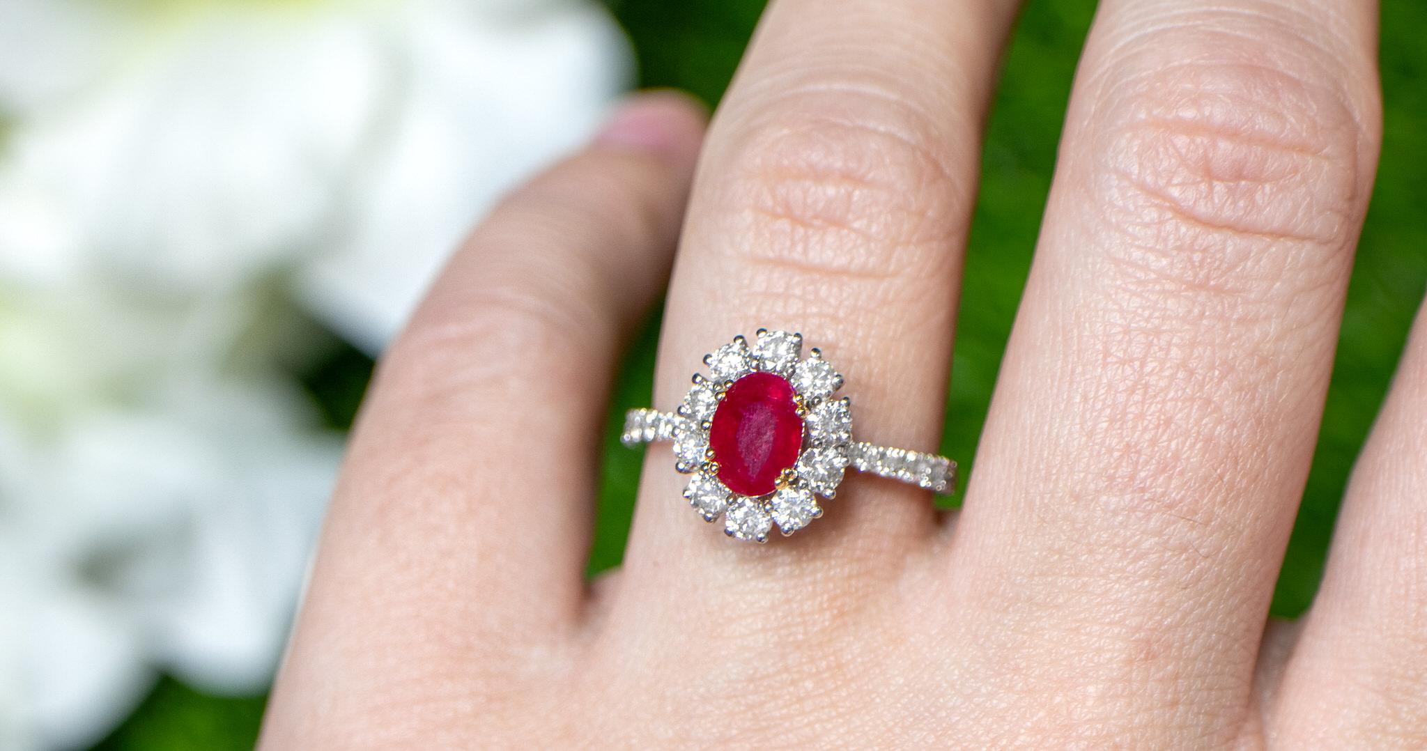 Oval Cut Oval Ruby Ring Round Diamond Halo 2.29 Carats 18K Gold For Sale