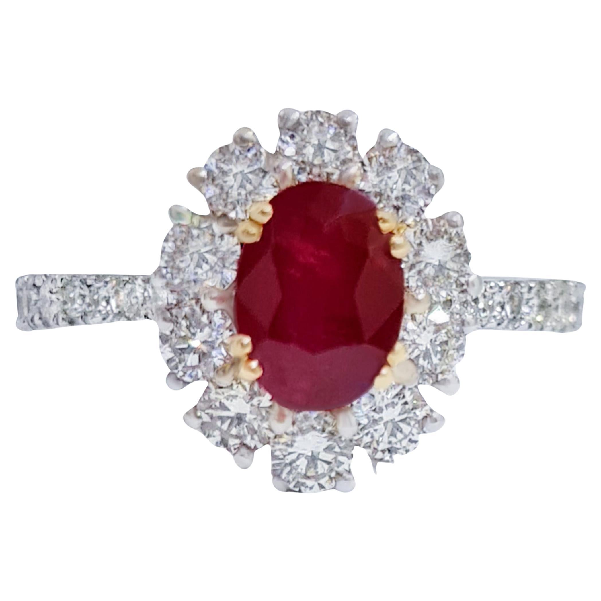 Oval Ruby Ring Round Diamond Halo 2.29 Carats 18K Gold For Sale