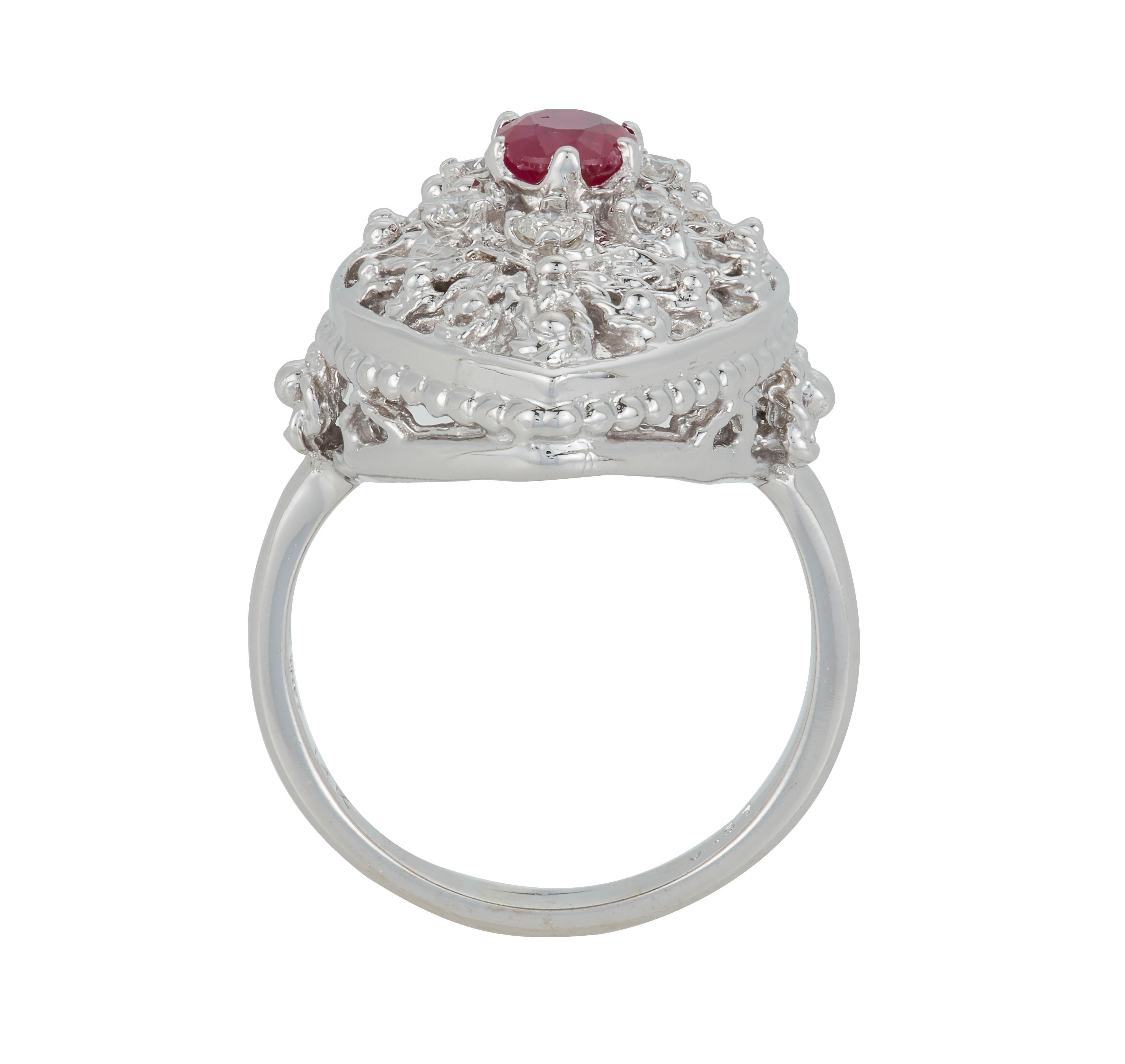 Contemporary Oval Ruby Round Diamond Marquise Vintage Antique Cocktail Ring 14k White Gold