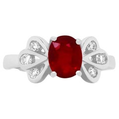 Oval Ruby Round Diamond Side Stone Butterfly Design Ring 14K White Gold