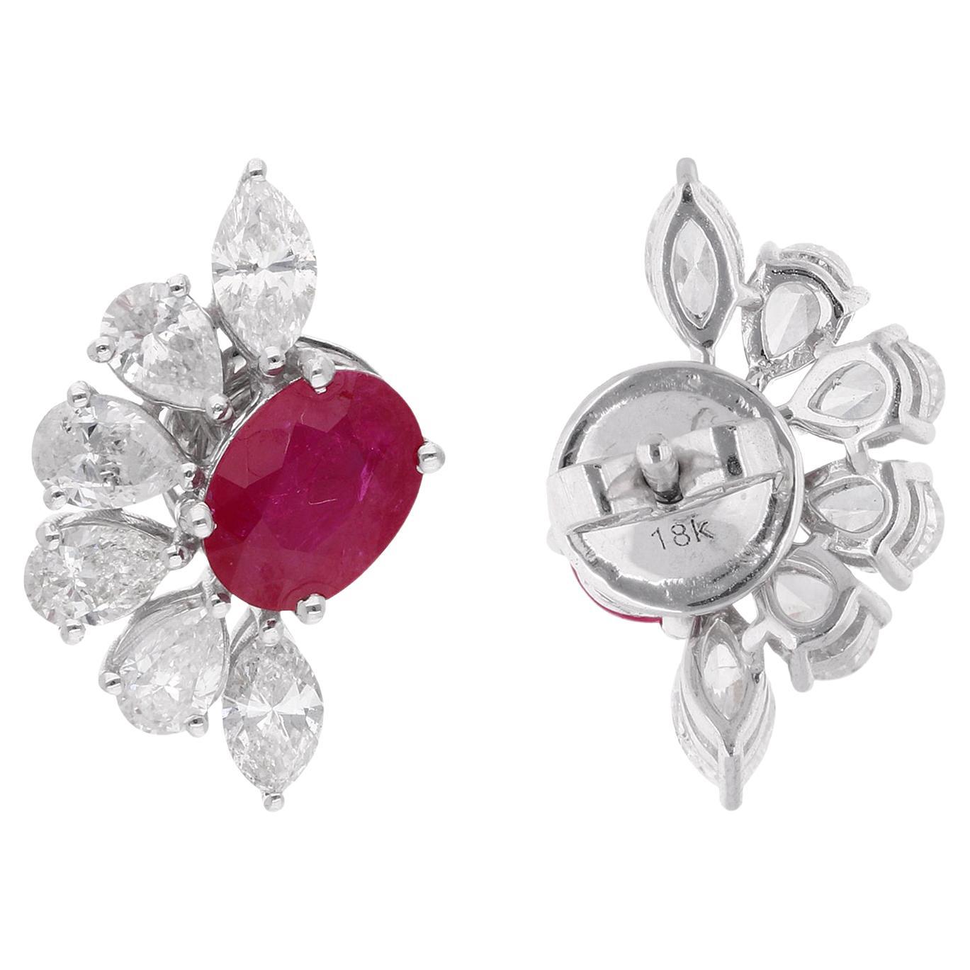 Moderne Boucles d'oreilles rubis ovale avec diamants taille poire et marquise Or blanc massif 18k en vente