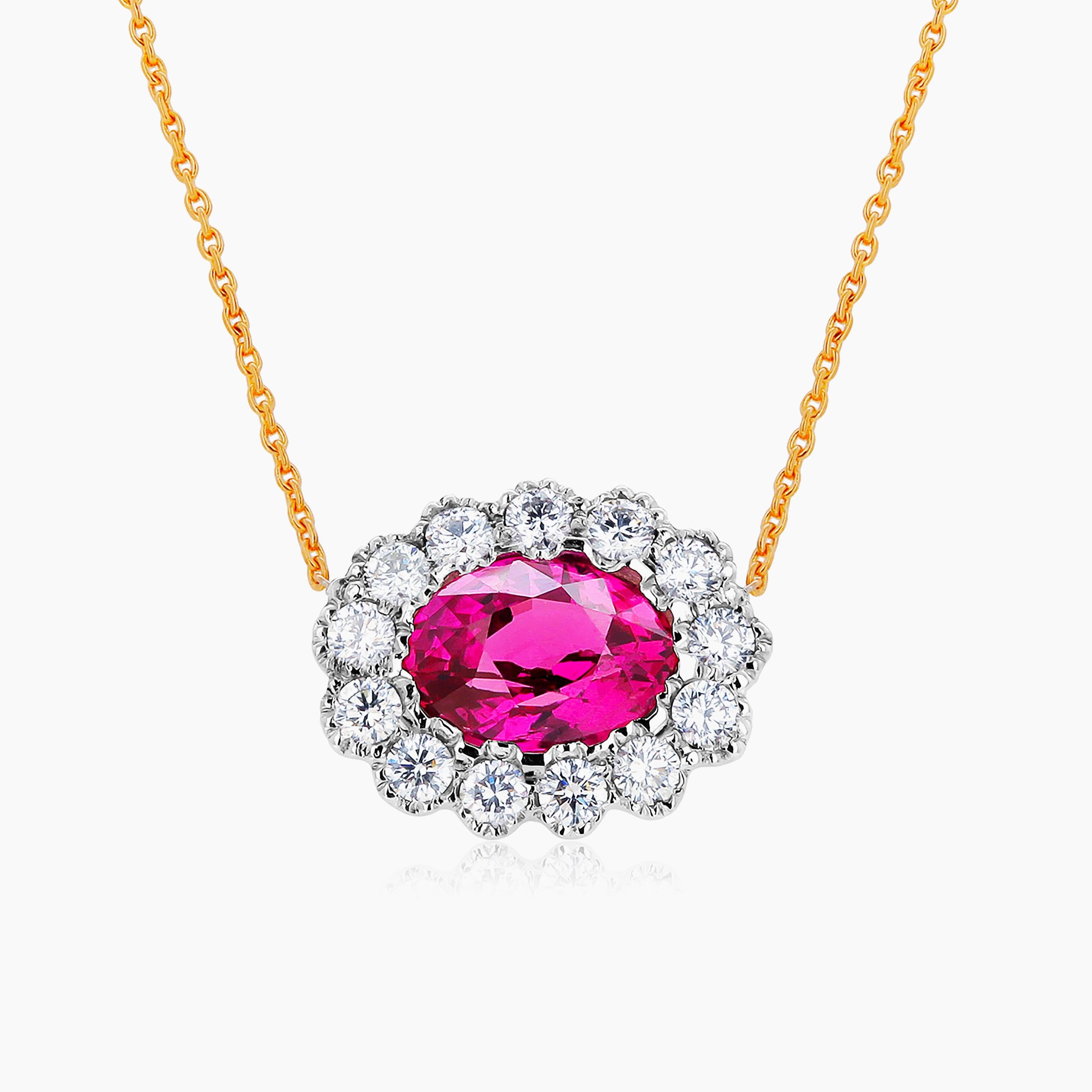 Contemporary Oval Ruby Surrounded by Diamonds White and Rose Gold Layered Necklace Pendant